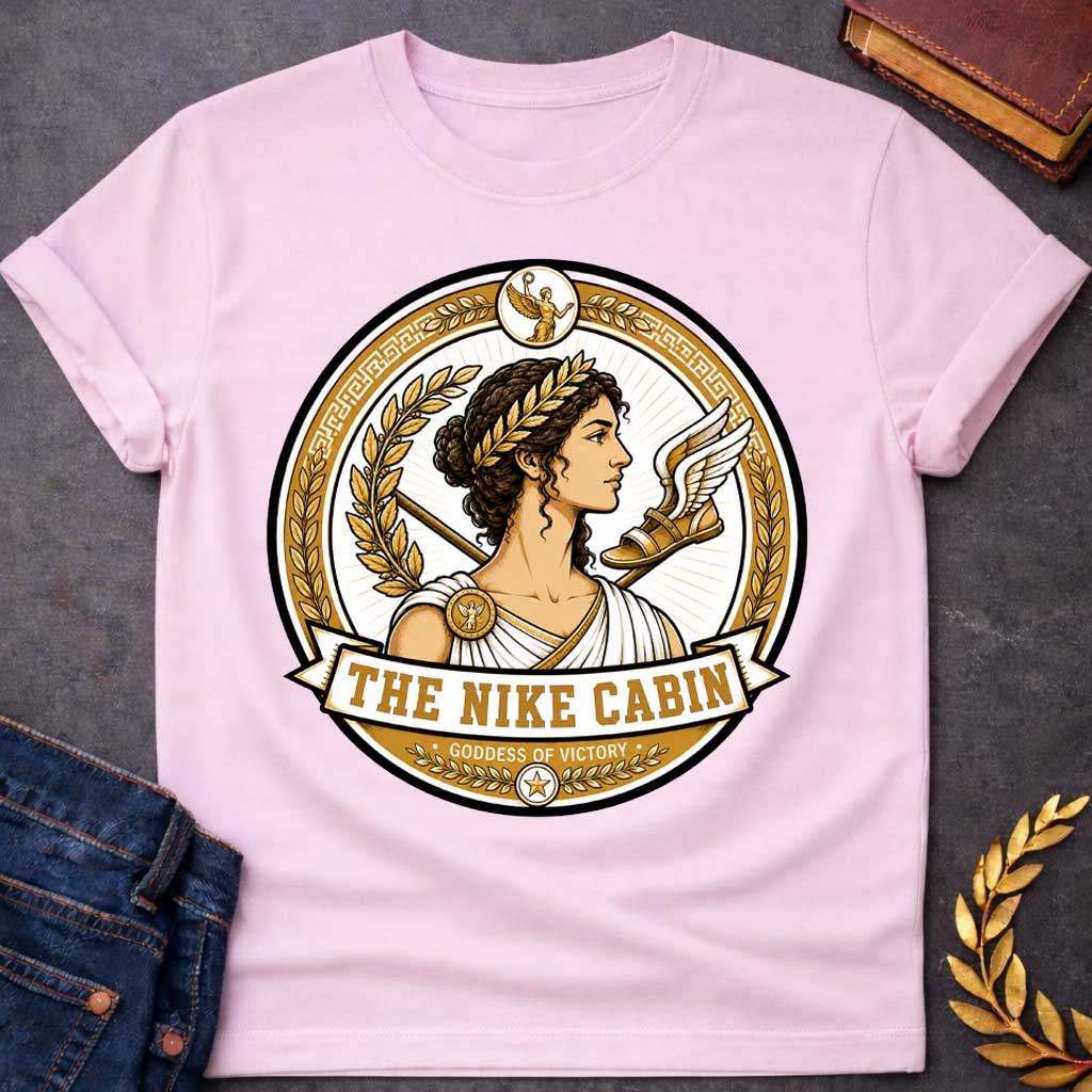 Light Pink t-shirt with a Nike Greek mythology cabin design featuring the goddess of victory in a detailed gold and white circular emblem. Nike wears a laurel crown and classical robes, surrounded by golden laurel branches, a spear, winged sandal, Greek key patterns, and victory symbols. Text reads “The Nike Cabin” and “Goddess of Victory,”
