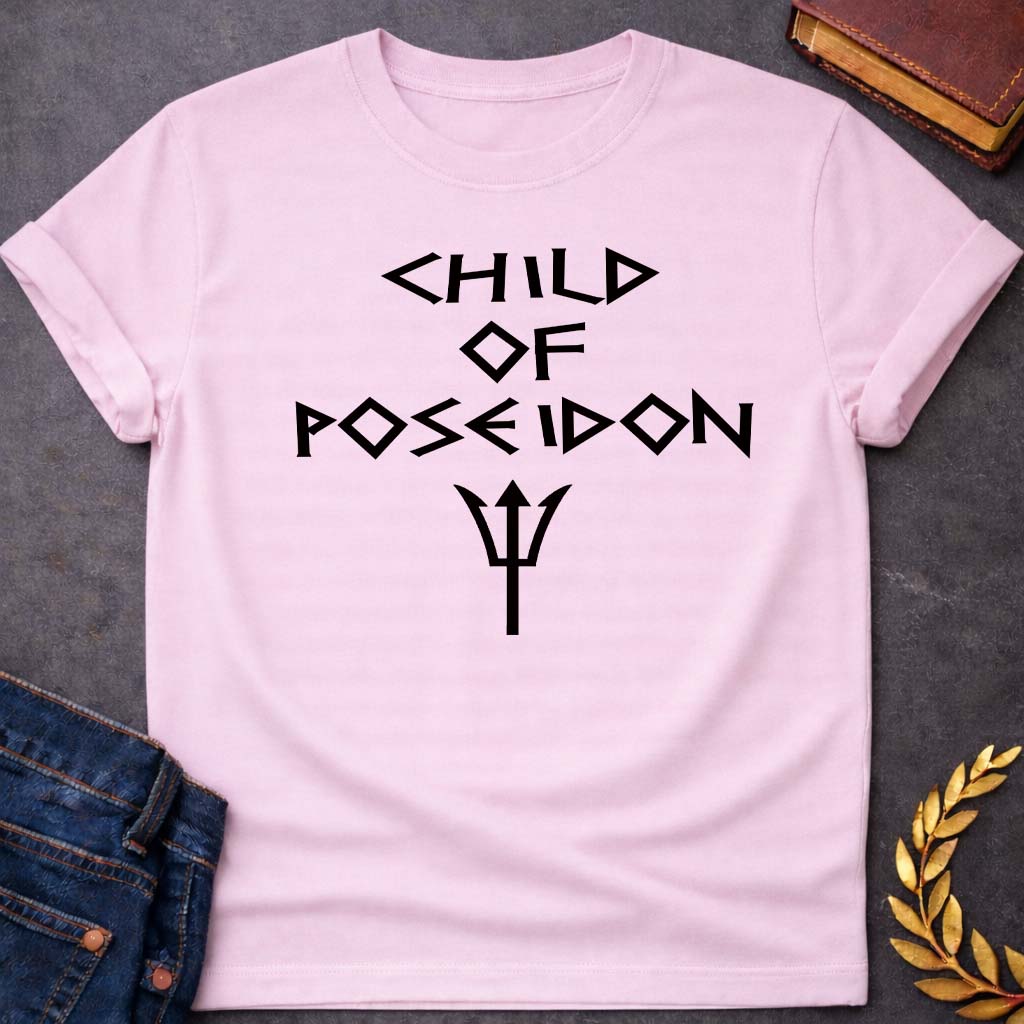child of poseidon greek mythology unisex softstyle adult t shirt featuring trident, ocean waves, sea god symbolism in Greek mythology design