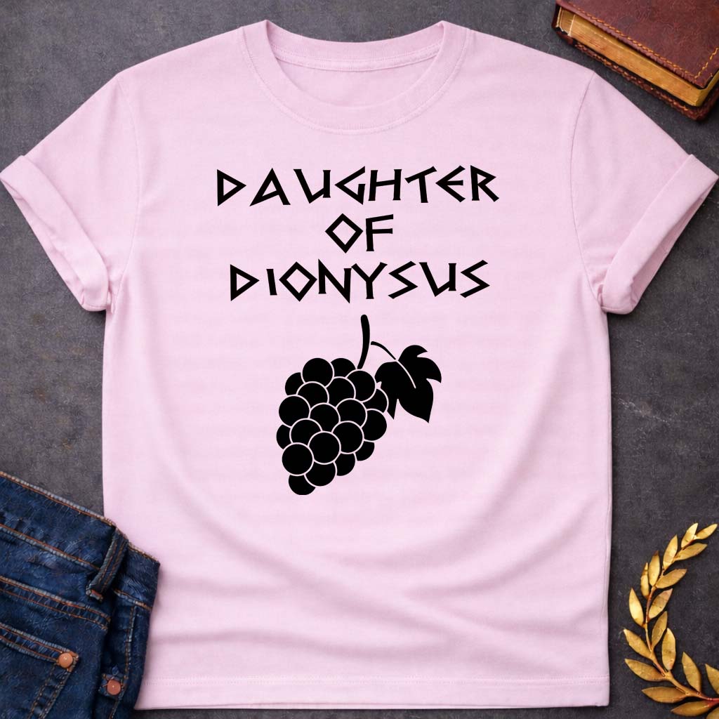 daughter of dionysus unisex softstyle adult t shirt featuring detailed Greek mythology artwork, symbolic design, and bold graphic style