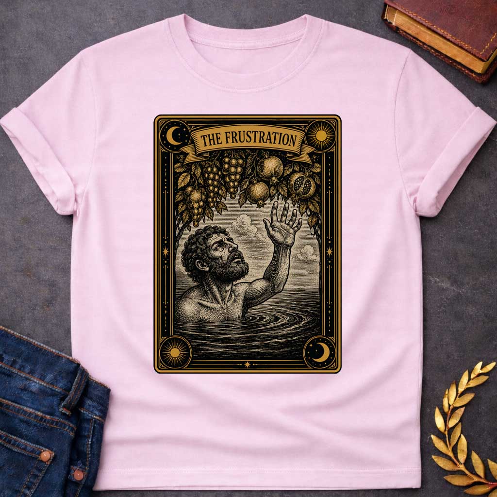 Light Pink t-shirt with A detailed tarot card-style illustration. Set within an ornate black and gold border featuring sun and moon corner emblems, a bearded man in rippling water reaches one hand up toward hanging branches overflowing with grapes and pomegranates. A ribbon banner across the top of the card displays the title "THE FRUSTRATION" in a bold serif typeface.