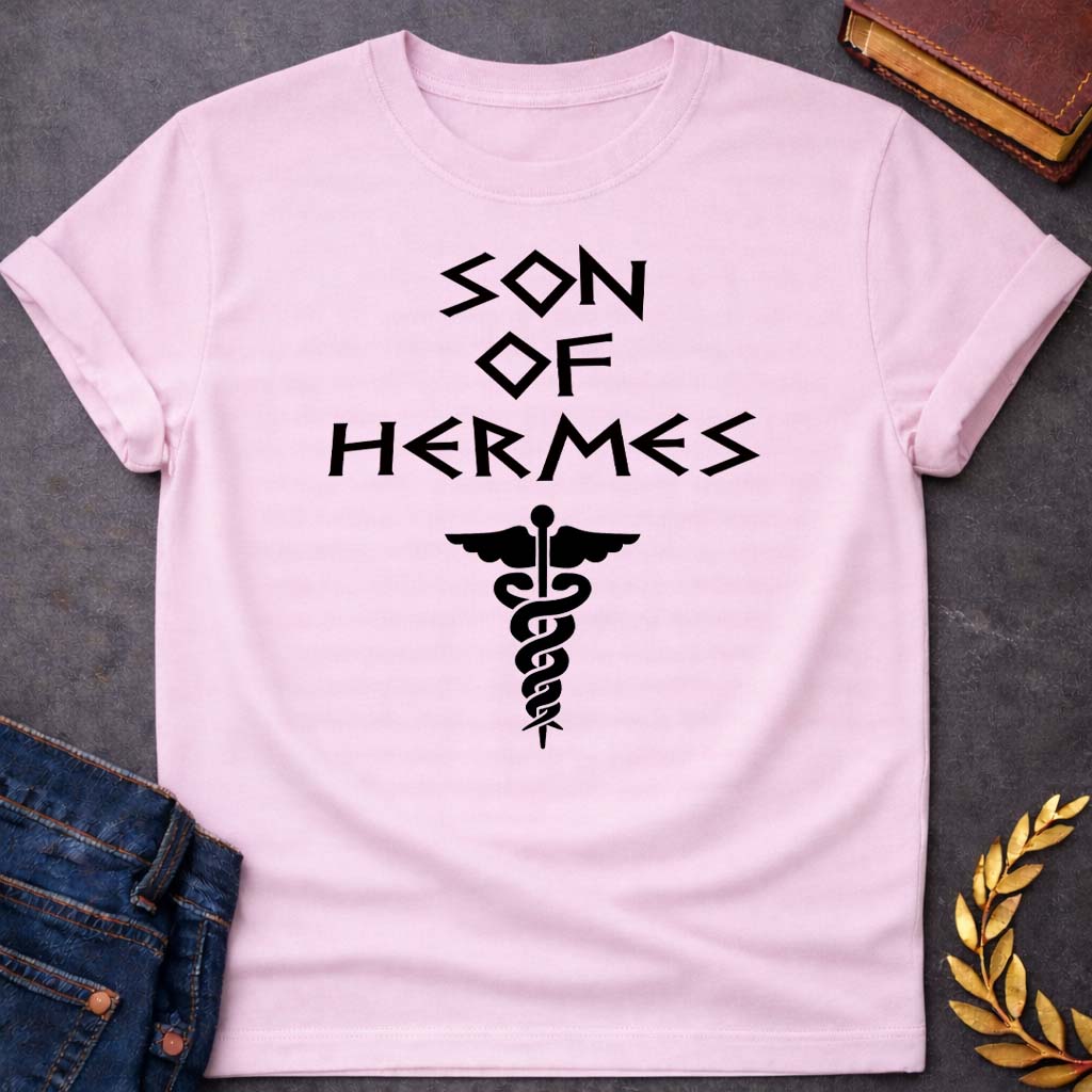 son of hermes greek mythology unisex softstyle adult t shirt featuring detailed Greek mythology artwork, symbolic design, and bold graphic style