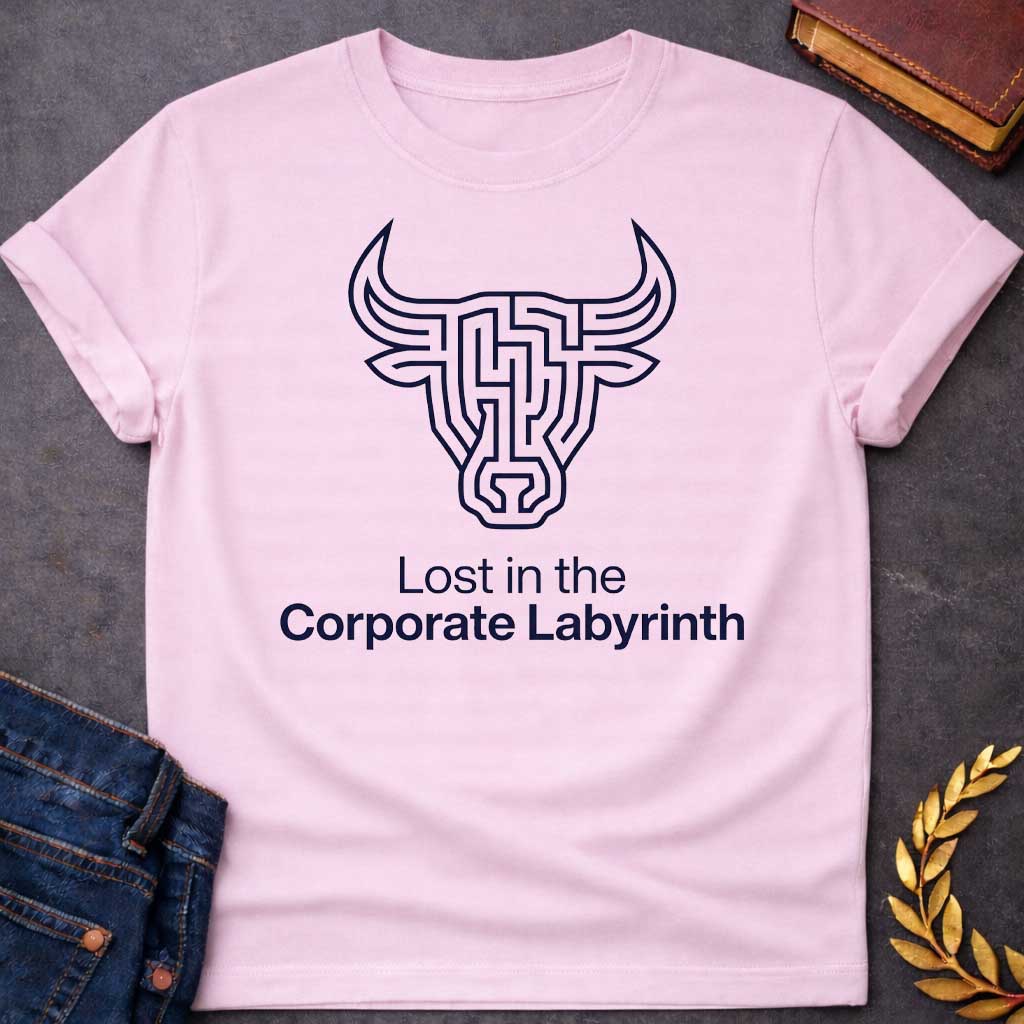 Light Pink T-shirt with a Minimalist line art illustration of a Minotaur head rendered entirely as a complex maze pattern in navy blue and white. The bull's horns and facial features form pathways and corridors. Text reads 'Lost in the Corporate Labyrinth' below. Clever wordplay merges Greek mythology with modern commentary on workplace frustration, bureaucratic confusion, and corporate system entrapment.