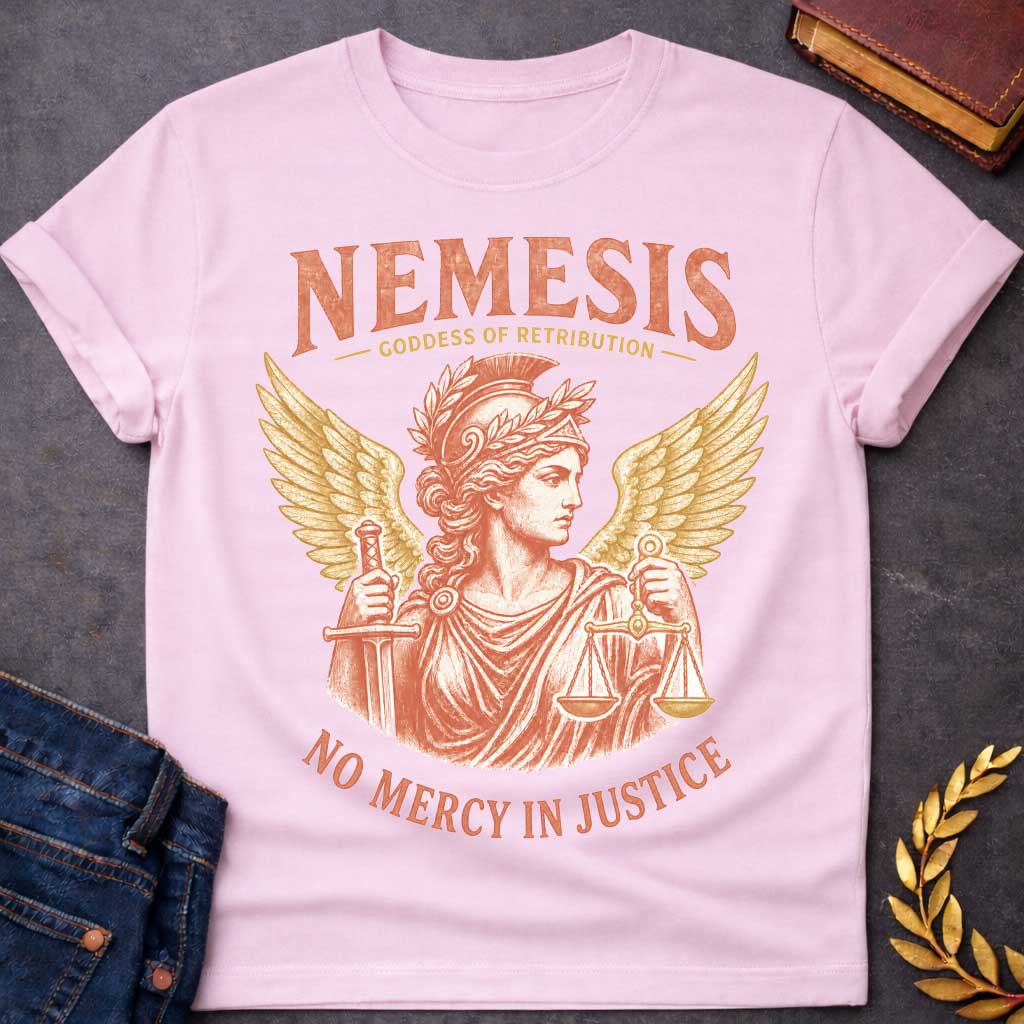 Light Pink t-shirt with a Vintage Nemesis Greek mythology design featuring the goddess of retribution in a classical helmet and laurel crown, holding a sword and scales of justice. Large golden wings frame the distressed terracotta portrait. Text reads “Nemesis,” “Goddess of Retribution,” and “No Mercy in Justice.”