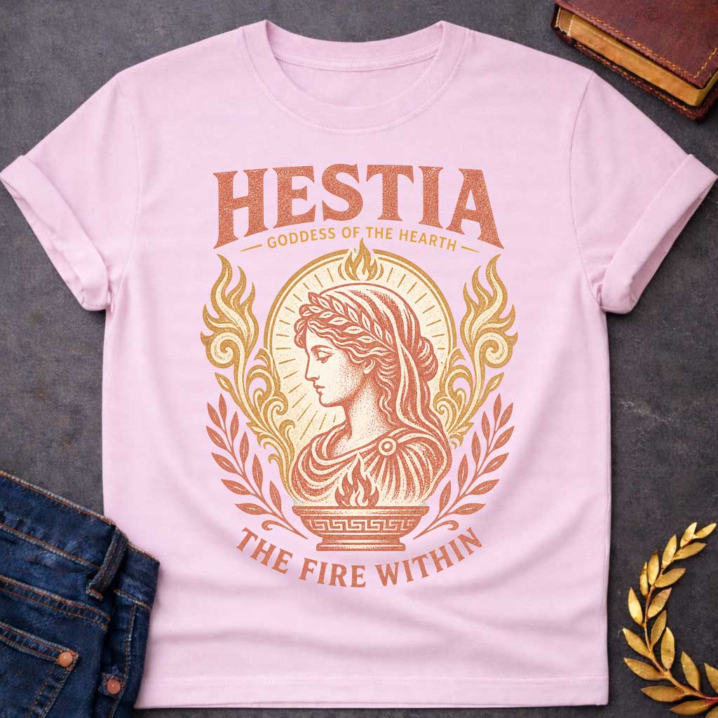 Light Pink t-shirt with a Vintage Hestia Greek mythology shirt  featuring the Goddess of the Hearth in profile, wearing a laurel crown and classical robes. She is surrounded by sacred flames, ornate scrollwork, leafy branches, and a glowing hearth motif. Distressed coral and gold artwork includes the bold text “Hestia Goddess of the Hearth” and “The Fire Within.”