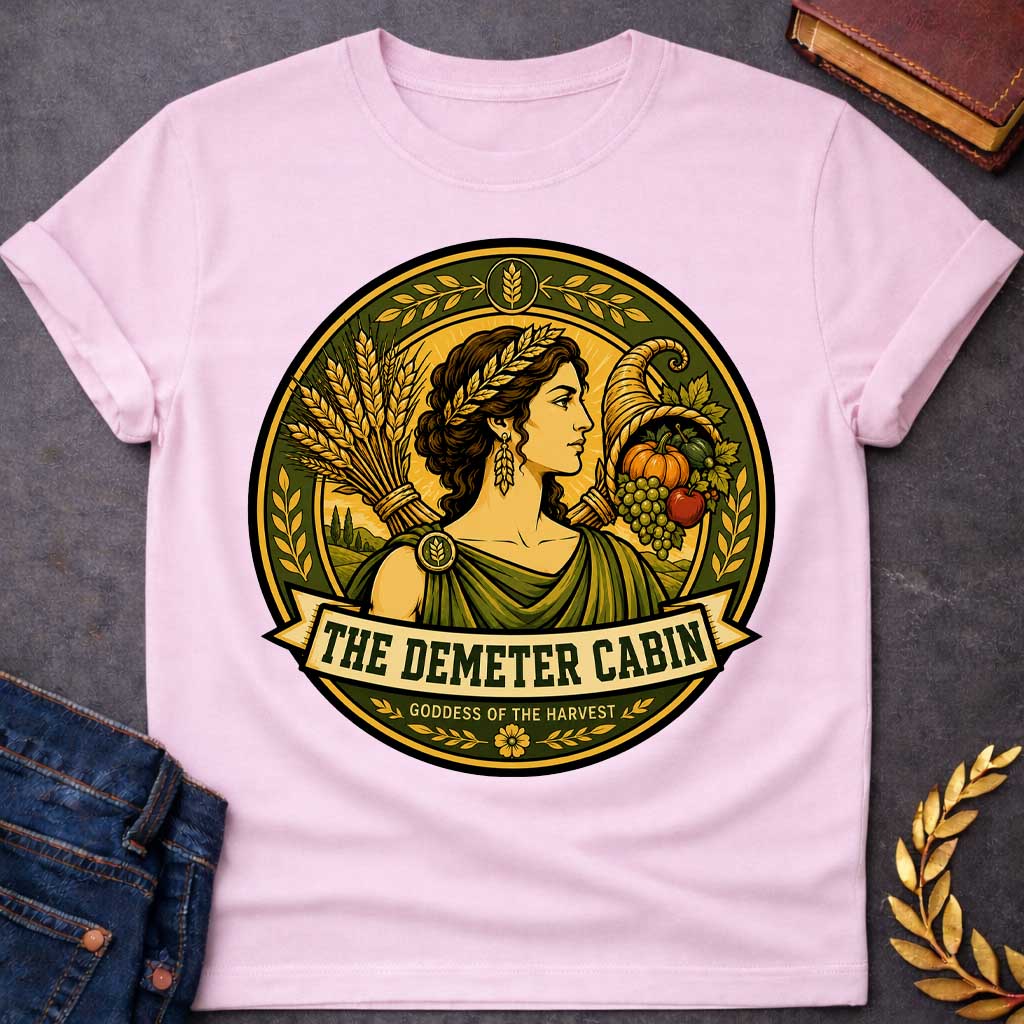 Light Pink t-shirt with a Demeter Greek mythology cabin design featuring the goddess of the harvest wearing a golden wheat crown, surrounded by bundles of wheat, a cornucopia filled with grapes, pumpkin, apple, and other crops. Olive green and gold circular camp-style emblem includes the text “The Demeter Cabin” and “Goddess of the Harvest.”
