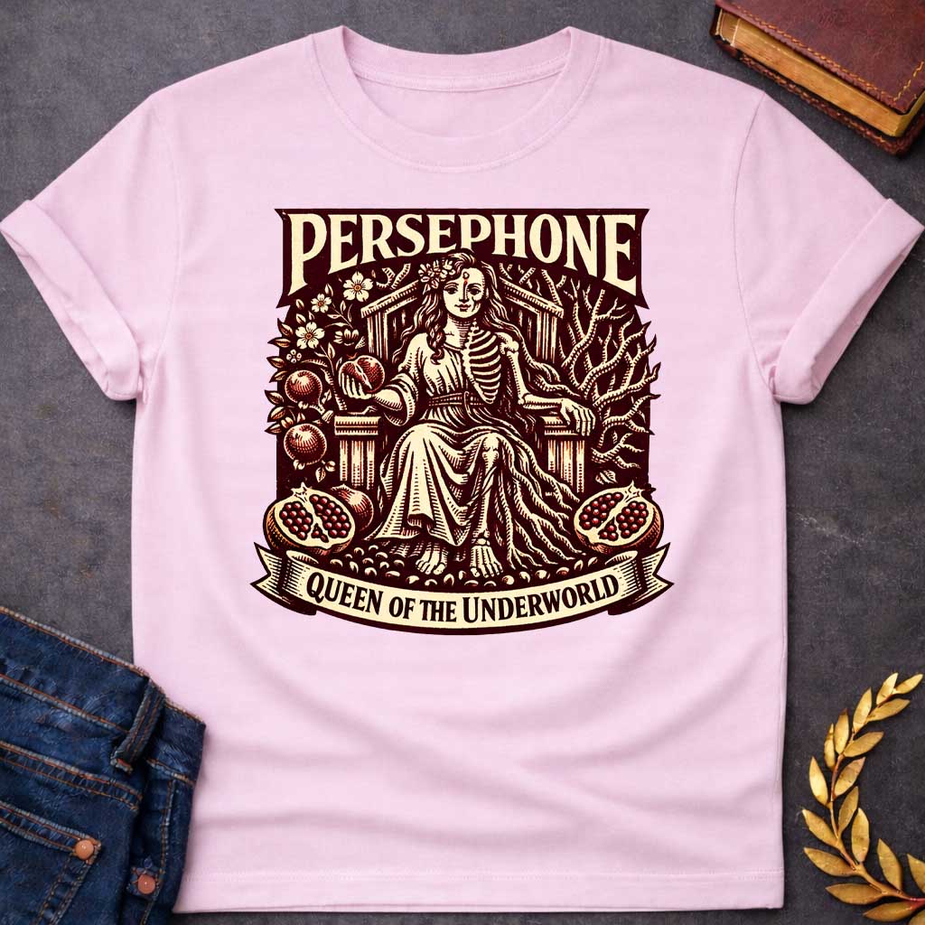 persephone pomegranate greek mythology youth shirt featuring pomegranate, underworld queen symbolism in dark floral mythology design