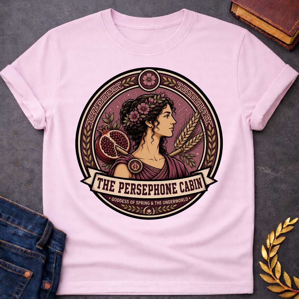 Light Pink t-shirt with a Persephone Greek mythology cabin design featuring the goddess of spring and the Underworld wearing a floral crown and purple robes, surrounded by blooming flowers, a split pomegranate, wheat stalks, laurel leaves, and Greek key patterns. Burgundy and cream circular emblem includes the text “The Persephone Cabin” and “Goddess of Spring & the Underworld,”