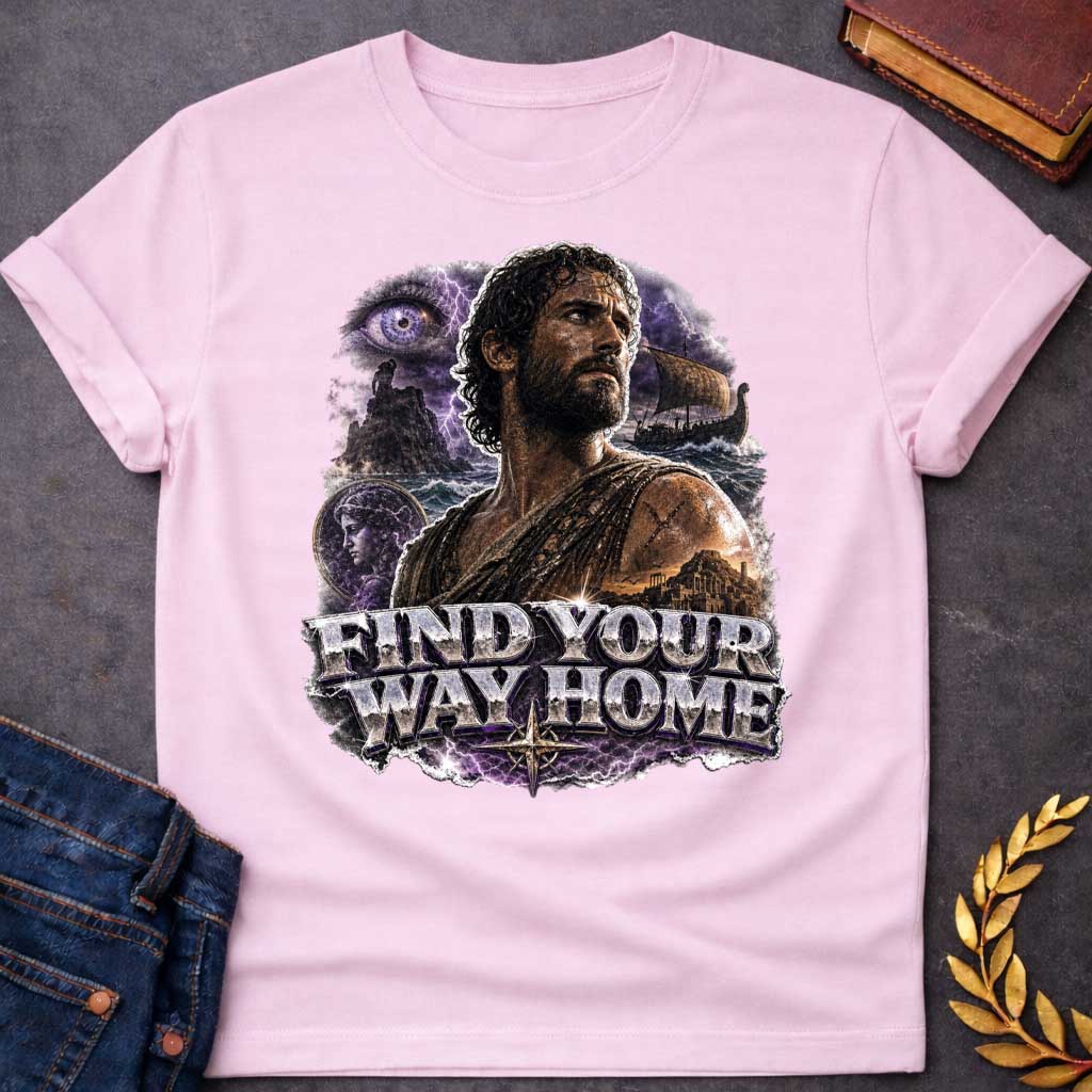 Light Pink t-shirt with an Epic Greek mythology design featuring Odysseus against a stormy seascape with lightning, a sailing ship, ancient ruins, and a mysterious watchful eye. A portrait of a woman appears within the dramatic collage, symbolizing his journey back to Ithaca. Bold metallic lettering reads "Find Your Way Home," capturing the adventure and perseverance of The Odyssey.