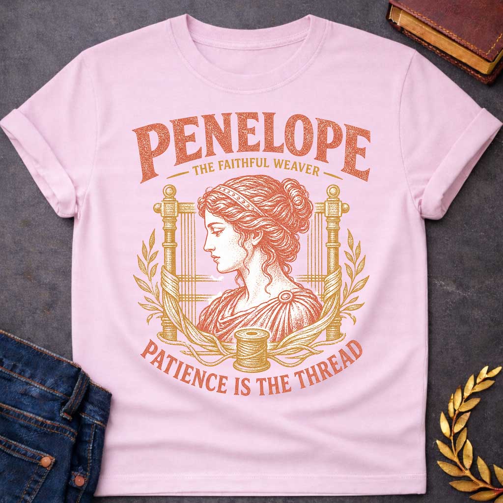 Light Pink t-shirt with a Vintage Penelope Greek mythology design featuring the faithful weaver in profile, framed by an ancient loom, laurel branches, flowing thread, and a spool. Distressed terracotta and gold artwork includes the text “Penelope,” “The Faithful Weaver,” and “Patience Is the Thread,” inspired by her loyalty and perseverance in The Odyssey.
