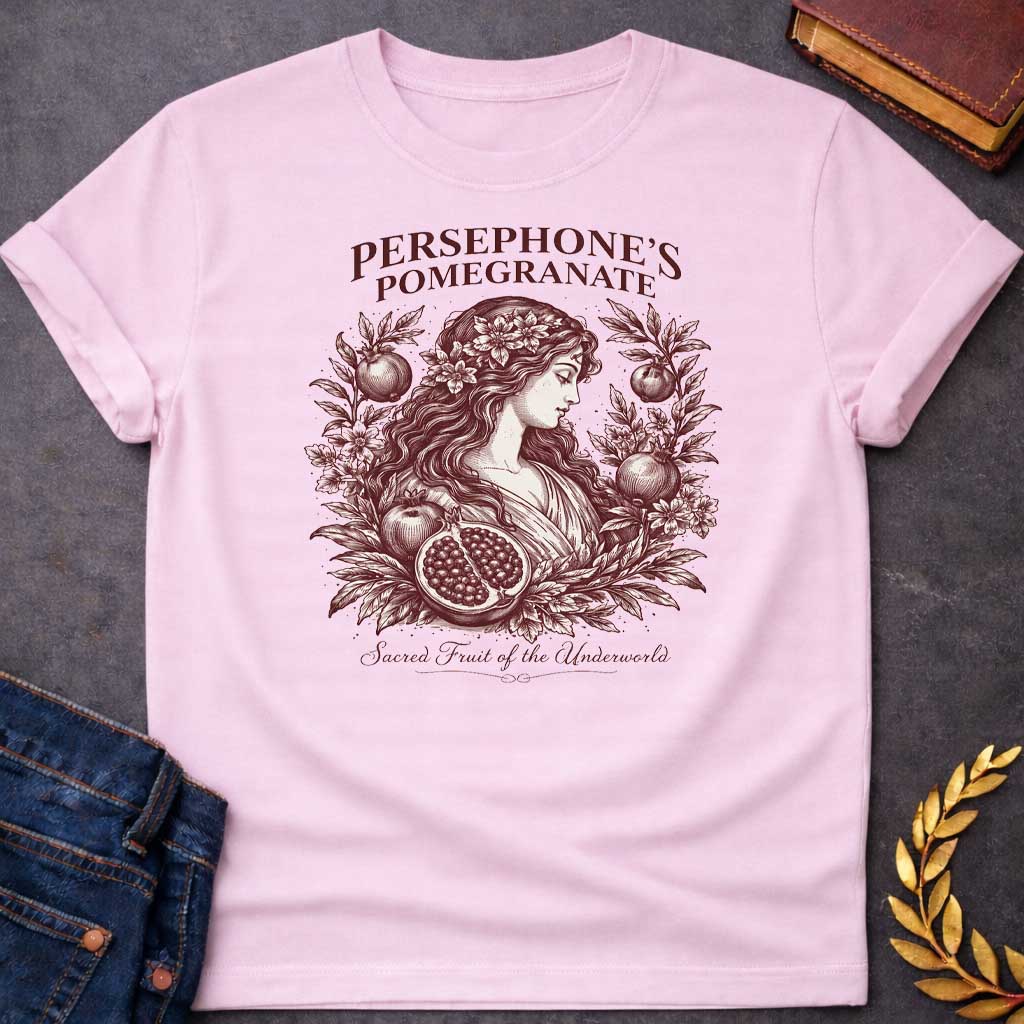 persephone pomegranate sacred fruit of the underworld greek mythology youth shirt featuring pomegranate, underworld queen symbolism in dark floral mythology design