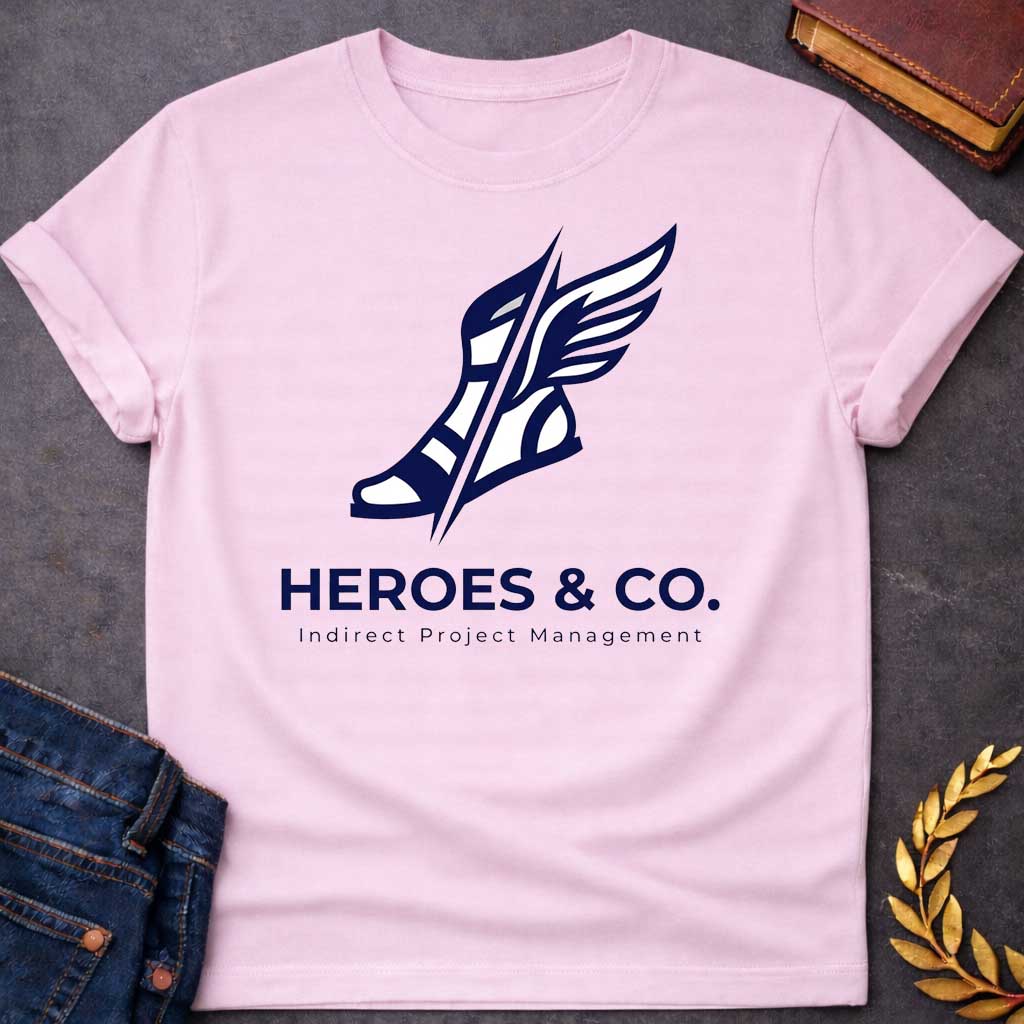 Light Pink t-shirt with a a bold, angular illustration of a winged sandal (Hermes-style) sliced diagonally by a sharp line, above the company name in large capital letters, with the tagline "Indirect Project Management" below in smaller spaced-out lettering.