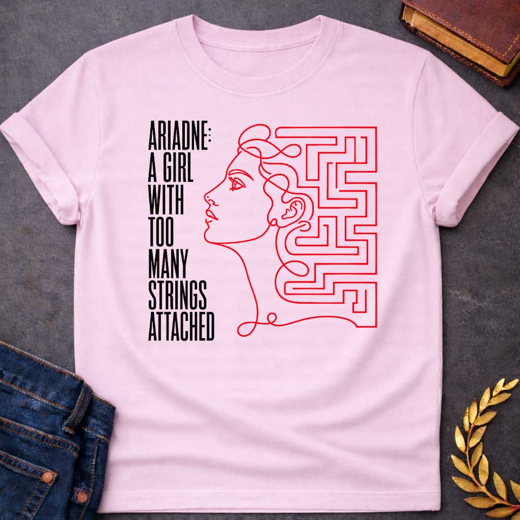 Light Pink T-shirt with A minimalist, modern line art t-shirt design for "ariadne a girl with black.jpg". Drawn in a single, continuous red line, the profile of a woman’s face seamlessly transitions into a geometric labyrinth maze behind her head. To the left, stark, vertically elongated black block text stacked vertically reads: "ARIADNE: A GIRL WITH TOO MANY STRINGS ATTACHED," creating a clever Greek mythology pun.