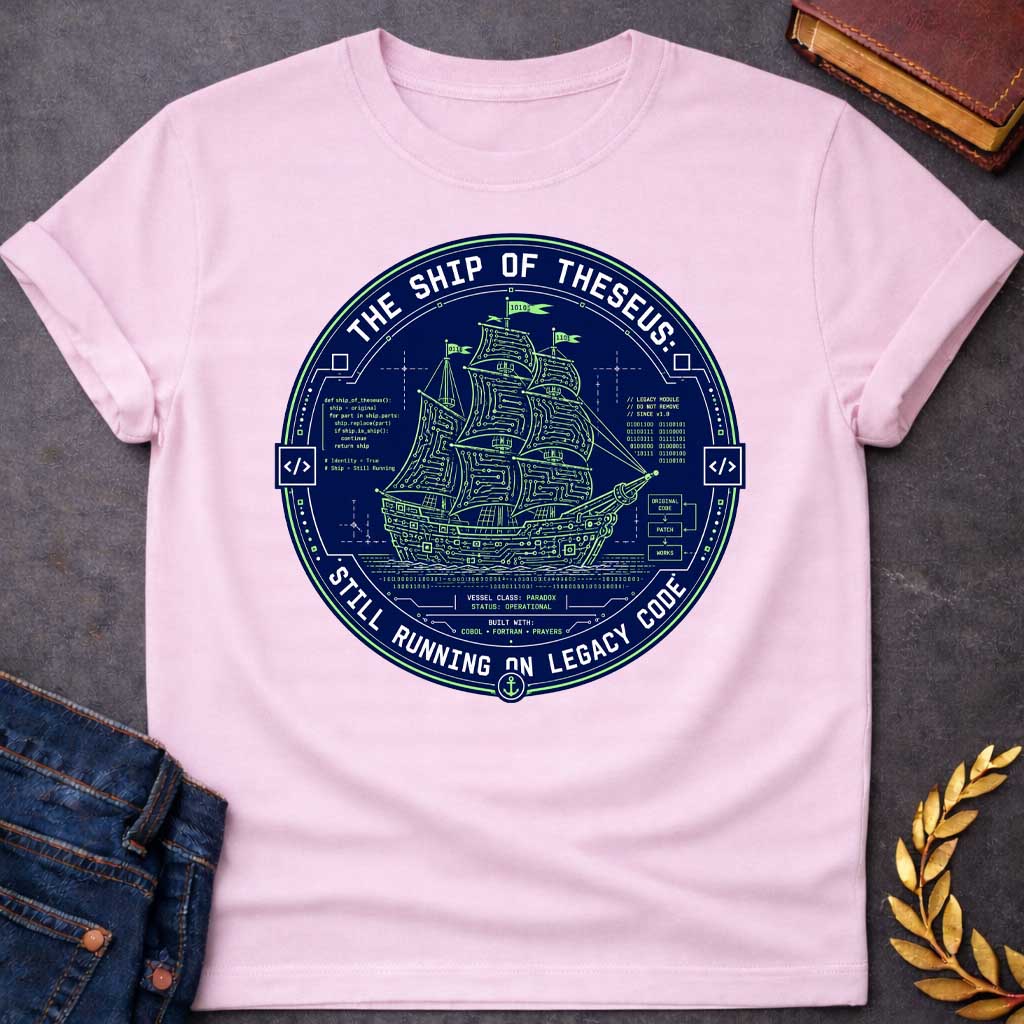 Light Pink T-shirt with A Techno-philosophical badge featuring the mythological Ship of Theseus rendered as a circuit board schematic in neon green and navy blue. Classical sailing vessel integrated with computer code, binary, and technical diagrams. Text reads 'The Ship of Theseus Still Running on Legacy Code.' Code snippets reference the philosophical paradox. Bottom states 'Built with: COBOL, FORTRAN, Prayers.' Clever design merges ancient Greek philosophy with software engineering humor and technical de