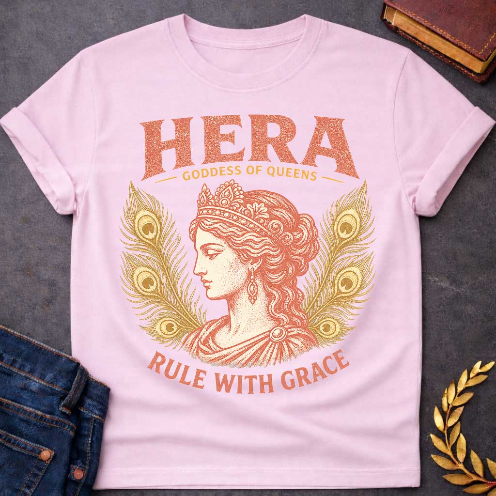 Light Pink t-shirt with a Vintage Hera Greek mythology design featuring the Goddess of Queens in profile wearing an ornate jeweled crown and elegant classical robes. Golden peacock feathers frame her portrait, symbolizing Hera’s sacred bird and royal status. Distressed coral and gold artwork includes the bold text “Hera Goddess of Queens” and “Rule With Grace.”