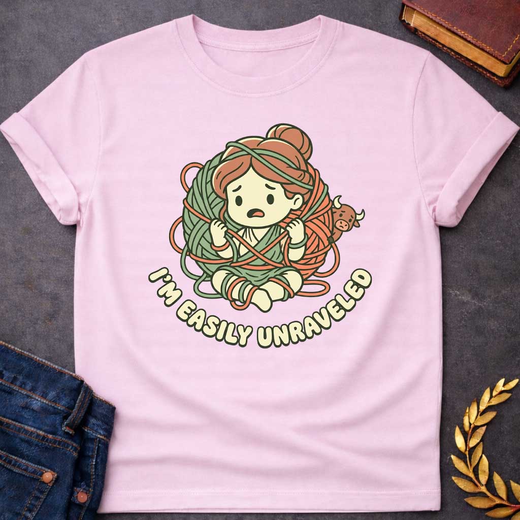 Light Pink T-shirt with A cute chibi-style t-shirt graphic. A worried cartoon Ariadne sits tangled inside a giant ball of green and orange yarn, while a tiny, peekaboo Minotaur looks on from behind. Below the illustration, the punny tagline "I'M EASILY UNRAVELED" arcs gracefully in a bubbly, retro font. The design features a charming pastel color palette of muted sage green, terracotta orange, and cream.
