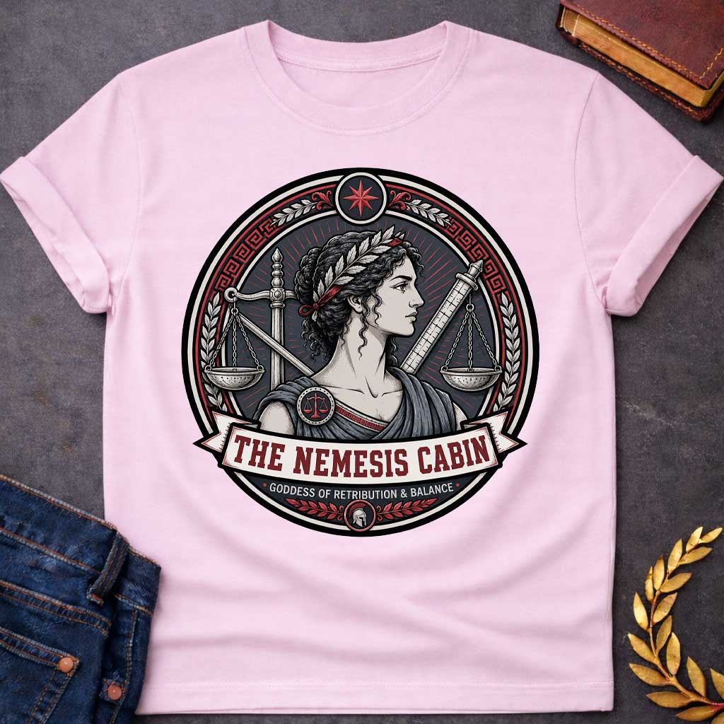 Light Pink Nemesis Greek mythology cabin design featuring the goddess of retribution and balance in a detailed circular emblem. She wears a laurel crown and is surrounded by balanced scales, a sword, measuring rod, Greek key patterns, and red accents. Text reads “The Nemesis Cabin” and “Goddess of Retribution & Balance,”