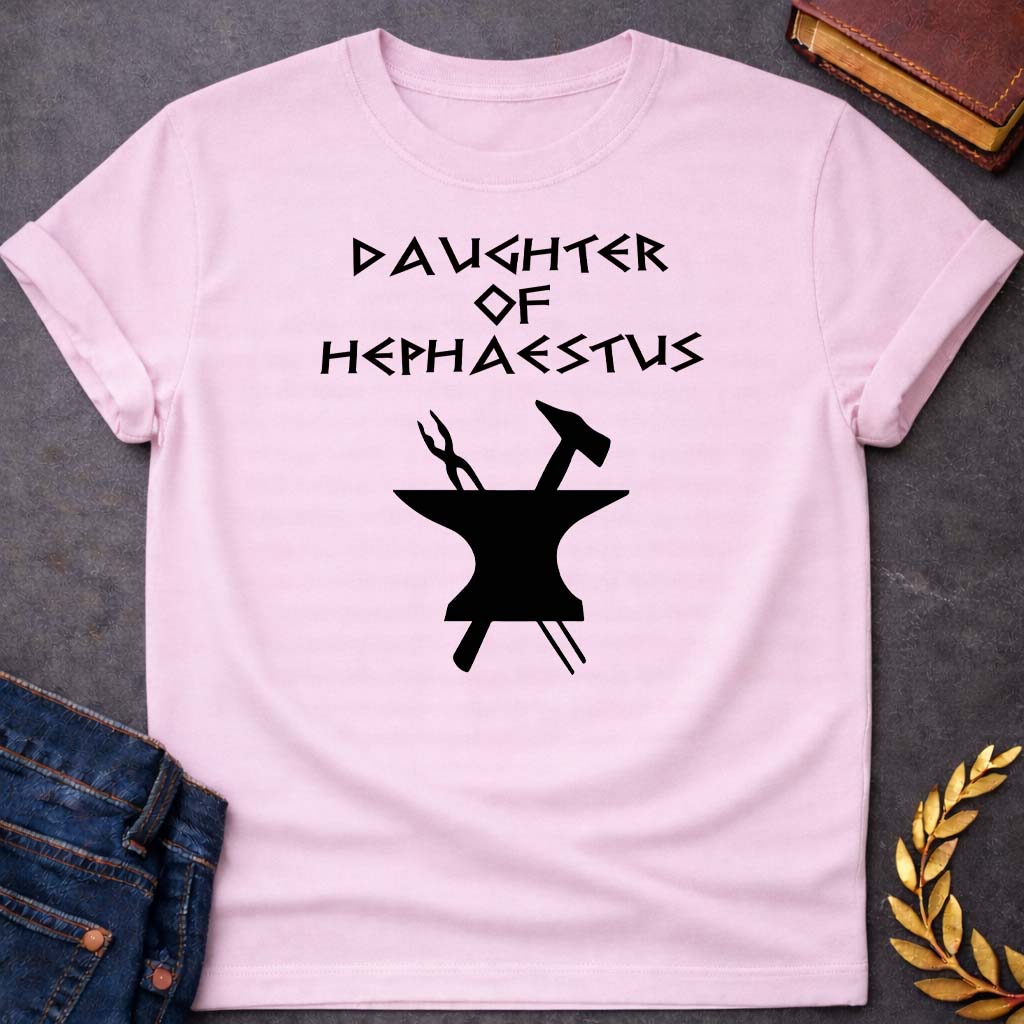 daughter of hephaestus unisex softstyle adult t shirt featuring blacksmith hammer, forge sparks, fire god symbolism in industrial mythology design