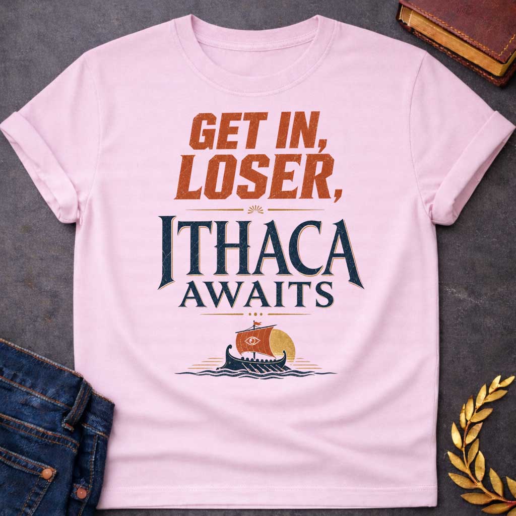 Light Pink t-shirt with a Funny Greek mythology design inspired by The Odyssey, featuring bold distressed text reading "Get In, Loser, Ithaca Awaits." A small ancient Greek ship sails beneath a golden sun, creating a playful twist on Odysseus' legendary voyage home to Ithaca. Vintage navy, terracotta, and gold colors complete the adventurous design.