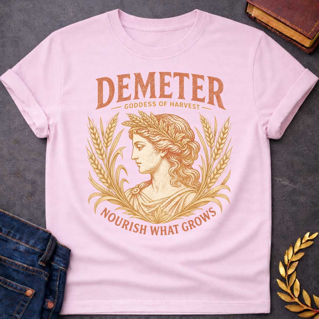 Light Pink t-shirt with a Vintage Greek mythology design featuring Demeter, goddess of harvest, framed by golden wheat and grain. Distressed coral and gold artwork shows the goddess wearing a wheat crown with the text “Demeter Goddess of Harvest” and “Nourish What Grows,” celebrating nature, agriculture, and abundance.