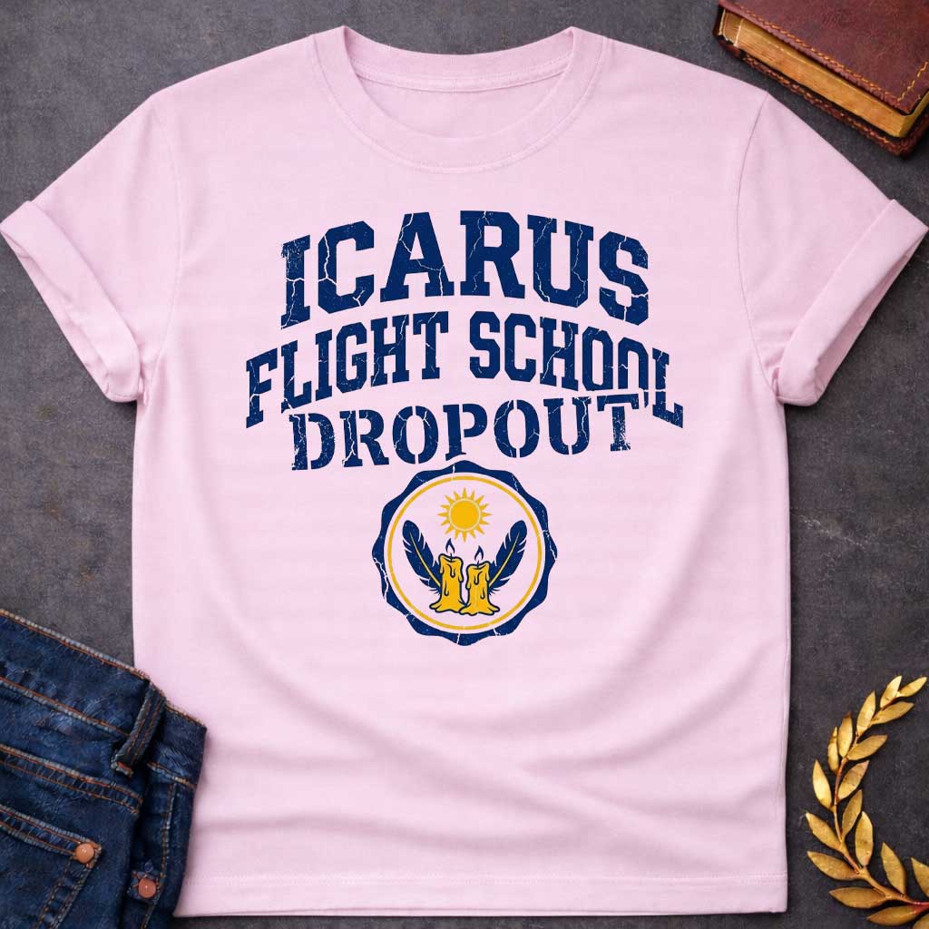 Light Pink in distressed collegiate style: bold navy blue arched text with a cracked, weathered texture above a circular emblem featuring two melting wax candles with wings and a blazing sun, gold and navy on a white badge.