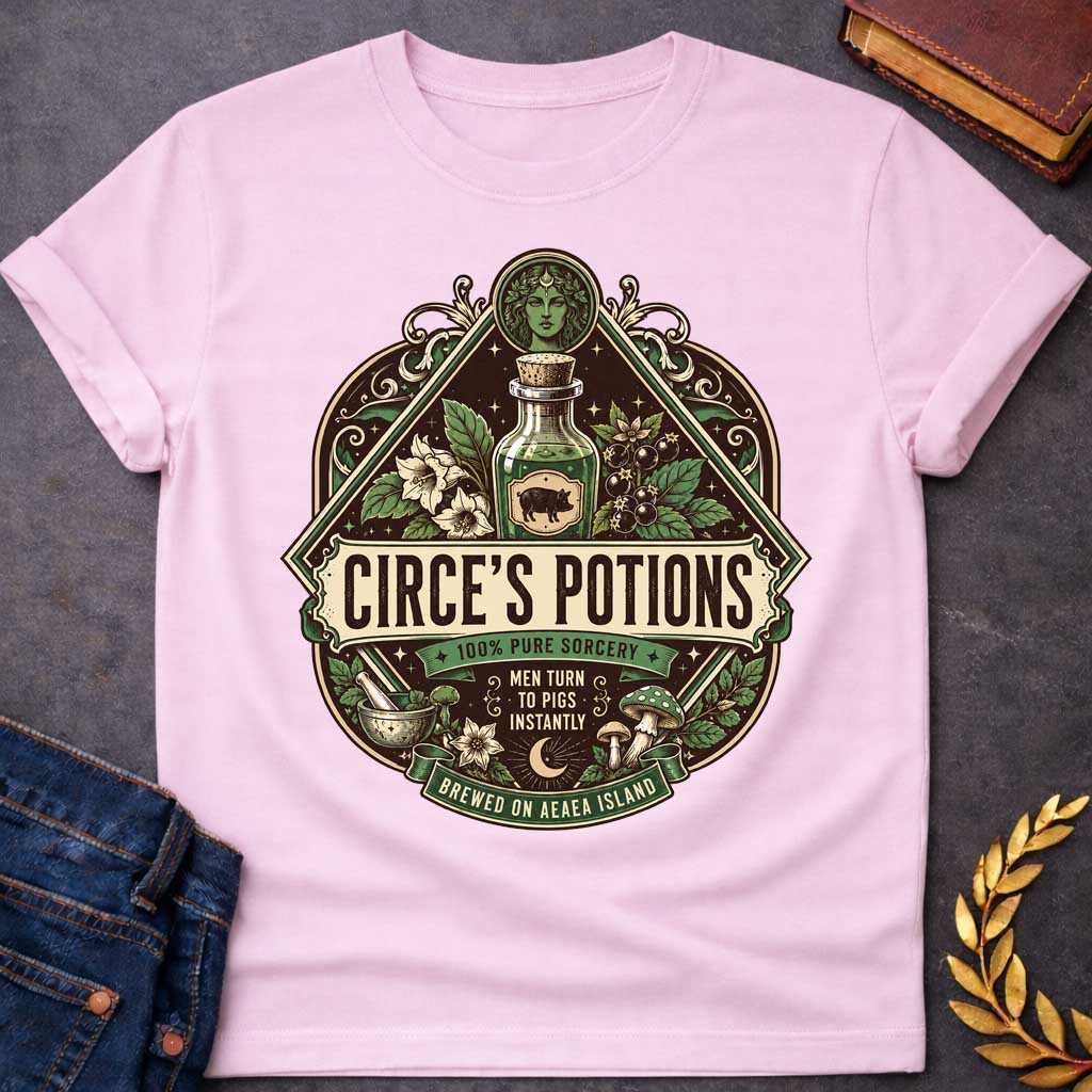 LIght Pink T-shirt with an ornate, vintage apothecary-style t-shirt graphic for "circe's potions.jpg". At the top, a portrait of the goddess Circe sits above a glass potion bottle featuring a pig label, surrounded by magical herbs. A central banner reads "CIRCE'S POTIONS" in a bold serif font. Additional labels read "100% PURE SORCERY," "MEN TURN TO PIGS INSTANTLY," and "BREWED ON AEAEA ISLAND" amidst a mortar, pestle, and mushrooms
