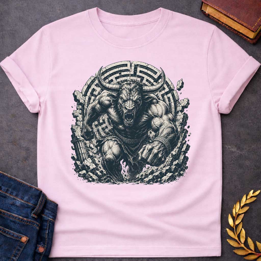 Light Pink T-shirt with An intense, detailed engraving-style graphic. A powerful, muscular Minotaur with sharp horns and a roaring, ferocious expression bursts forward through a crumbling stone wall. In the background, a large circular labyrinth pattern frames the beast. The character wears ancient Greek-patterned arm bands and a loincloth, captured in a gritty, high-contrast black and white aesthetic