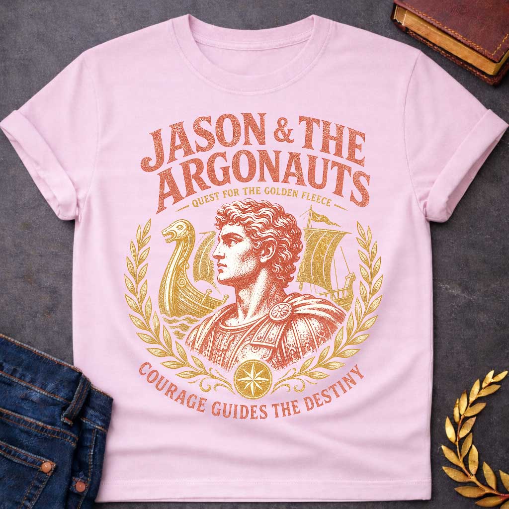 Light Pink t-shirt with a Vintage Jason and the Argonauts Greek mythology design featuring Jason in classical armor framed by ancient Greek ships and golden laurel branches. Distressed coral and gold artwork celebrates the legendary quest for the Golden Fleece, with bold text reading “Jason & the Argonauts,” “Quest for the Golden Fleece,” and “Courage Guides the Destiny.”