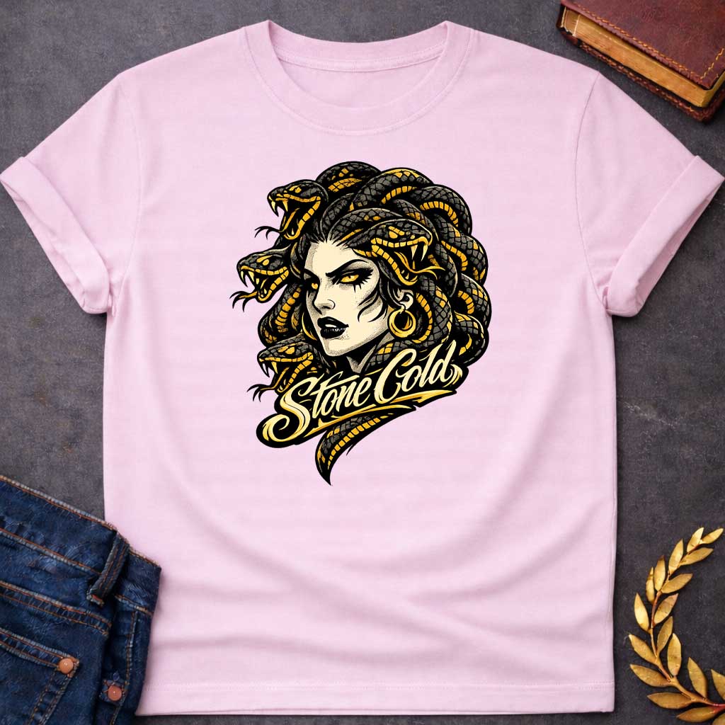 medusa stone cold greek mythology youth shirt featuring detailed Greek mythology artwork, symbolic design, and bold graphic style