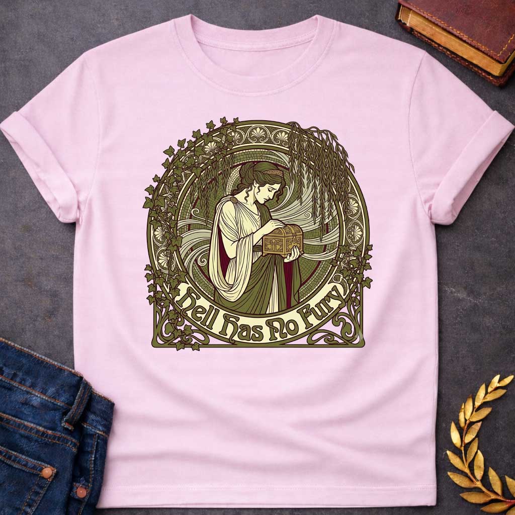 Light Pink T-shirt with an Art Nouveau illustration of a classical woman in flowing cream and burgundy robes holding an ornate decorative box, surrounded by intricate ivy vines and architectural flourishes. Green, cream, and burgundy palette with elaborate frame. Text reads 'Hell Has No Fury.' References Medea's legendary wrath and the famous quote about a woman scorned. Celebrates the fierce power of feminine rage and vengeance in Greek mythology.