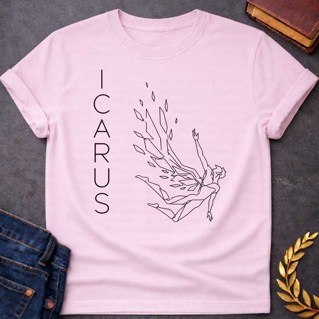 Light Pink t-shirt in minimalist geometric line-art style: a falling figure with fragmented, angular wings shedding scattered diamond-shaped feathers as he tumbles, one arm reaching upward. Thin black outline drawing  with "Icarus" spelled vertically in narrow letter spaced type on the left.