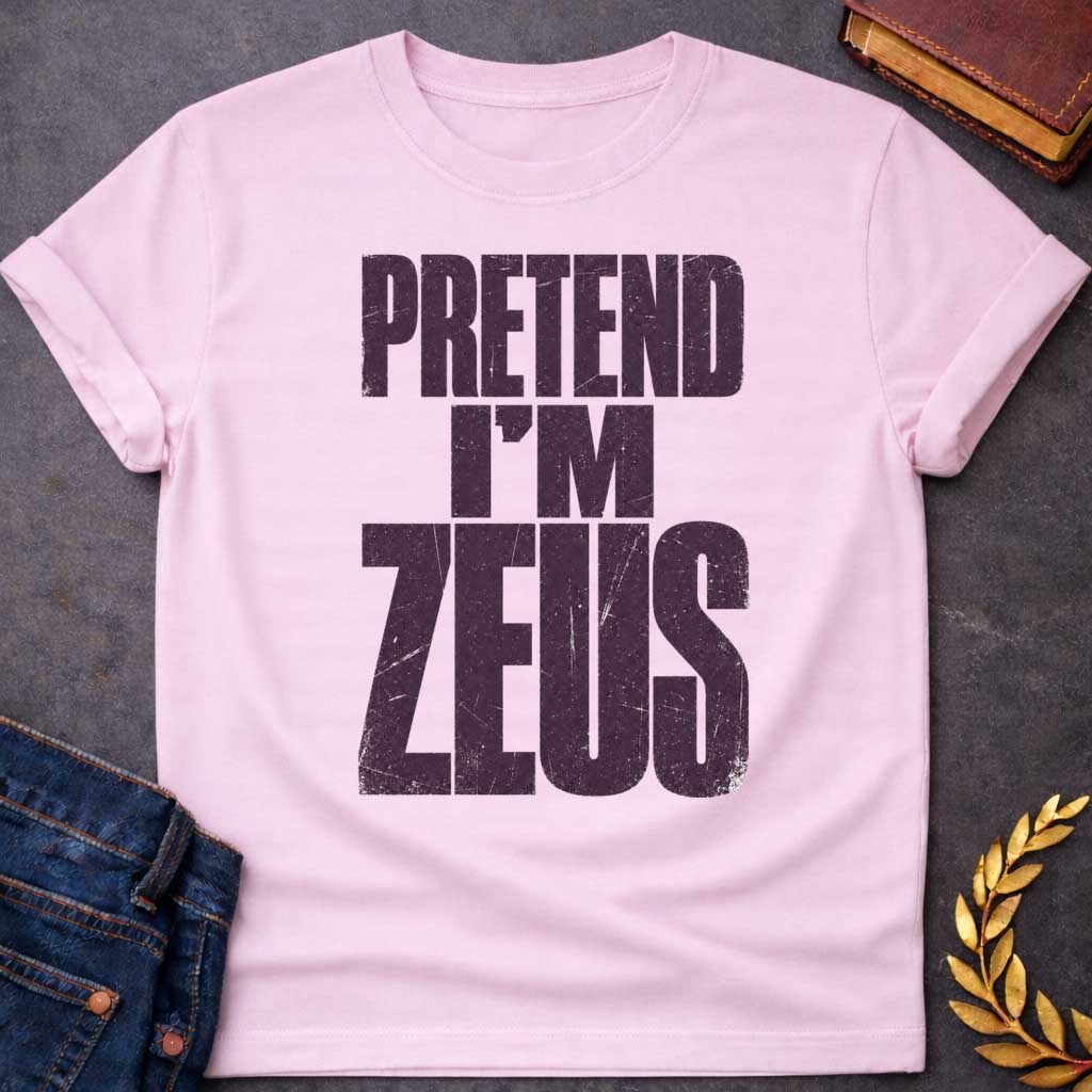 Light Pink t-shirt with a Pretend I’m Zeus Greek mythology design featuring bold distressed dark purple typography on a transparent background. The stacked text reads “PRETEND I’M ZEUS” in a rugged vintage block font, creating a humorous design inspired by Zeus, king of the Greek gods and god of the sky, thunder, and lightning.