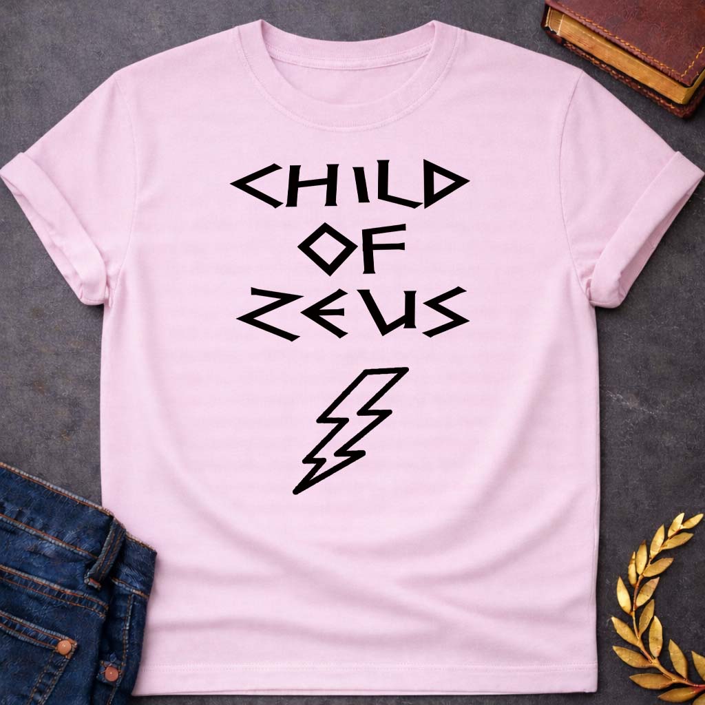 child of zeus greek mythology unisex softstyle adult t shirt featuring lightning bolt, sky god power symbolism in bold Greek mythology design
