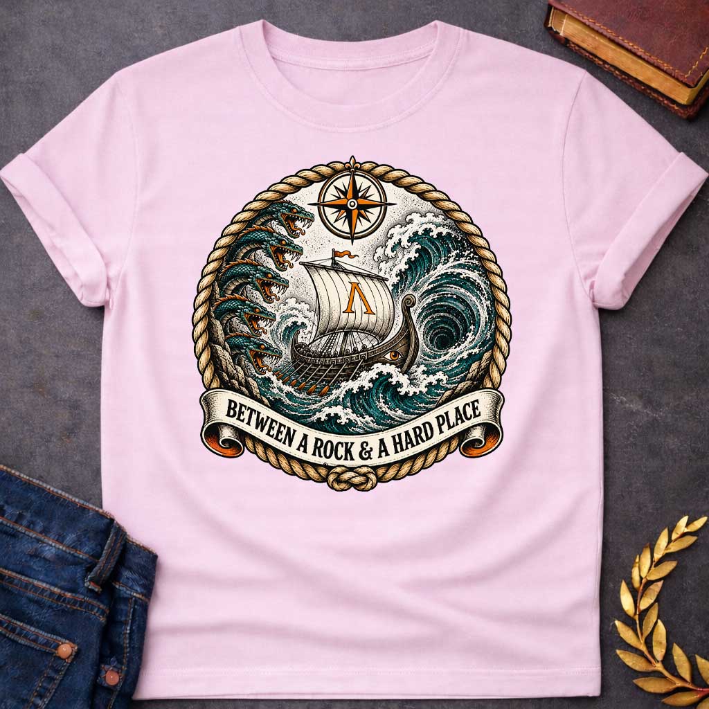 Light Pink t-shirt in nautical tattoo style, referencing Scylla and Charybdis: a Greek ship with an eye-painted hull and Lambda-marked sail sails between six-headed serpent Scylla and a swirling whirlpool. A compass rose sits above, with the design bordered by twisted rope and a ribbon banner reading the title below.