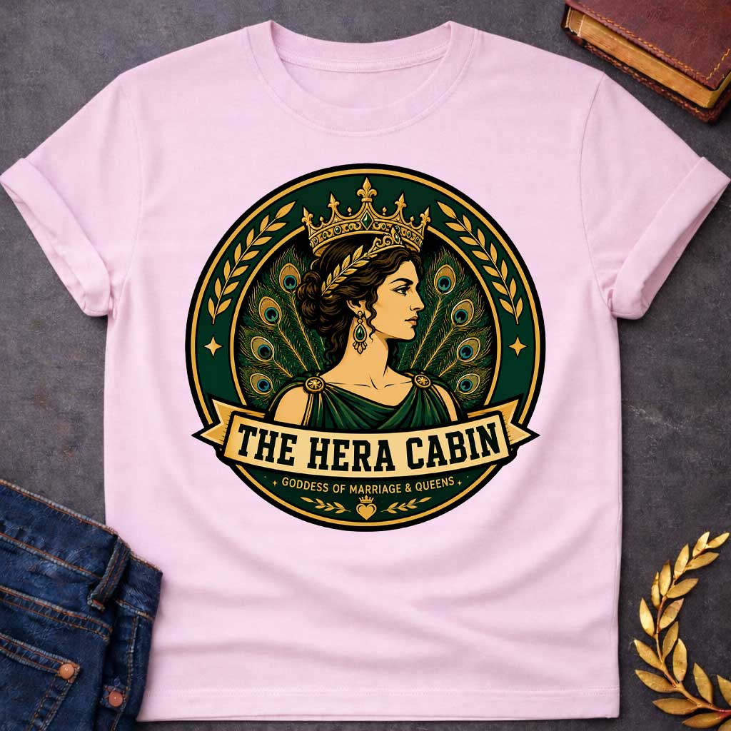 Light Pink t-shirt with a Hera Greek mythology cabin design featuring the queen of the gods wearing an ornate golden crown and laurel accents, surrounded by elegant peacock feathers and decorative branches. Rich emerald green, gold, and black circular camp-style emblem includes the text “The Hera Cabin” and “Goddess of Marriage & Queens”