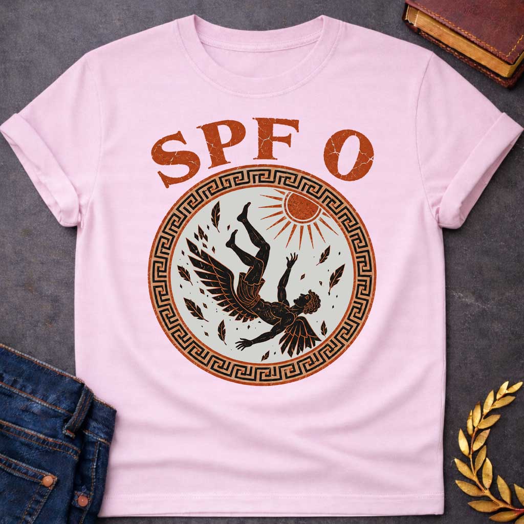 Light Pink t-shirt with a distressed ancient Greek pottery-style graphic.  Inside a circular terracotta frame with a black meander key border, a black-figure illustration depicts Icarus falling from the sky as feathers detach from his wings below a shining terracotta sun. Arched above the circular emblem, bold, distressed orange text humorously reads "SPF 0".