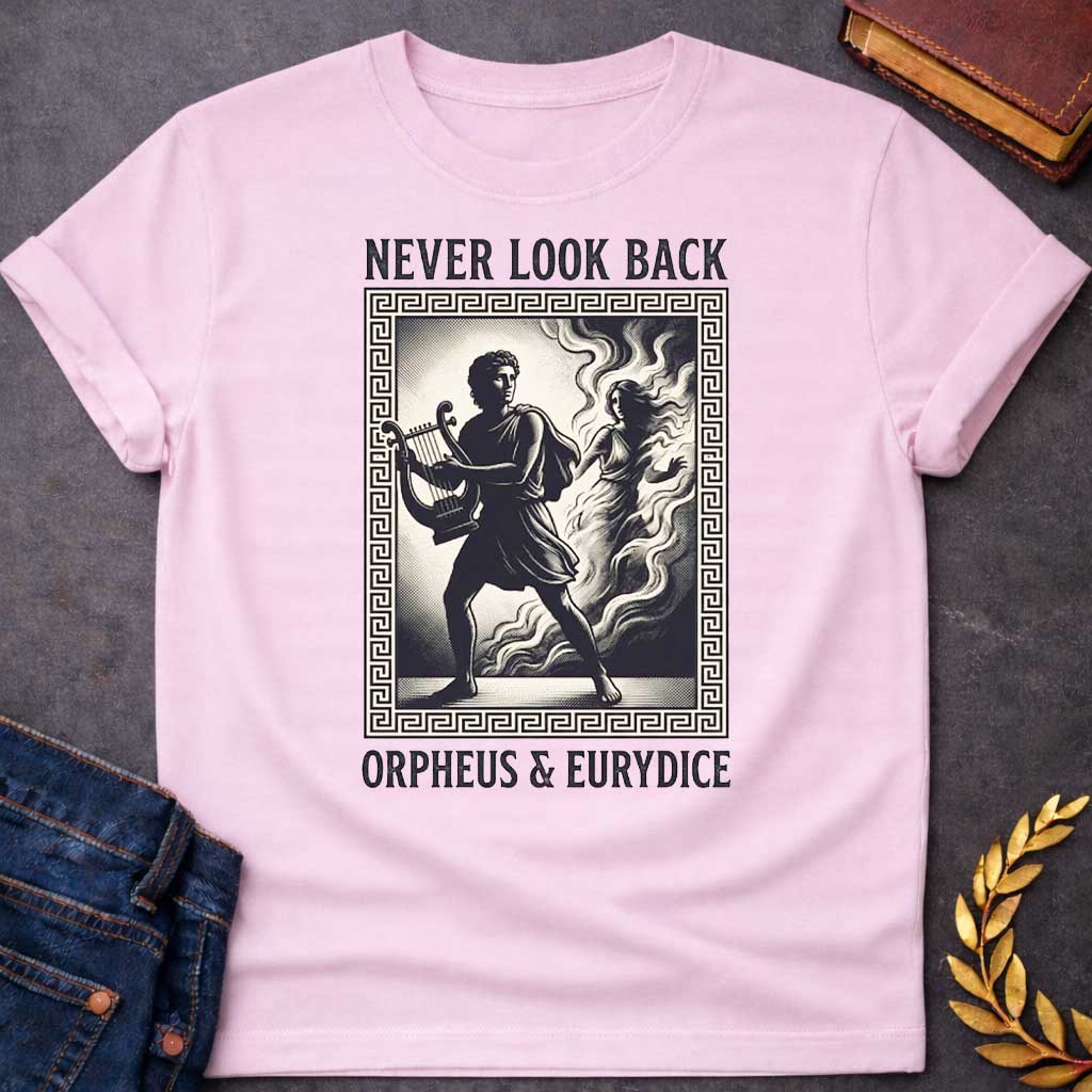 Light Pink t-shirt in engraved woodcut style: Orpheus strides forward carrying a lyre while Eurydice dissolves into smoke and shadow behind him, reaching out. The scene sits within a Greek key-patterned rectangular border, framed by bold serif text above and below, on a cream and black palette.