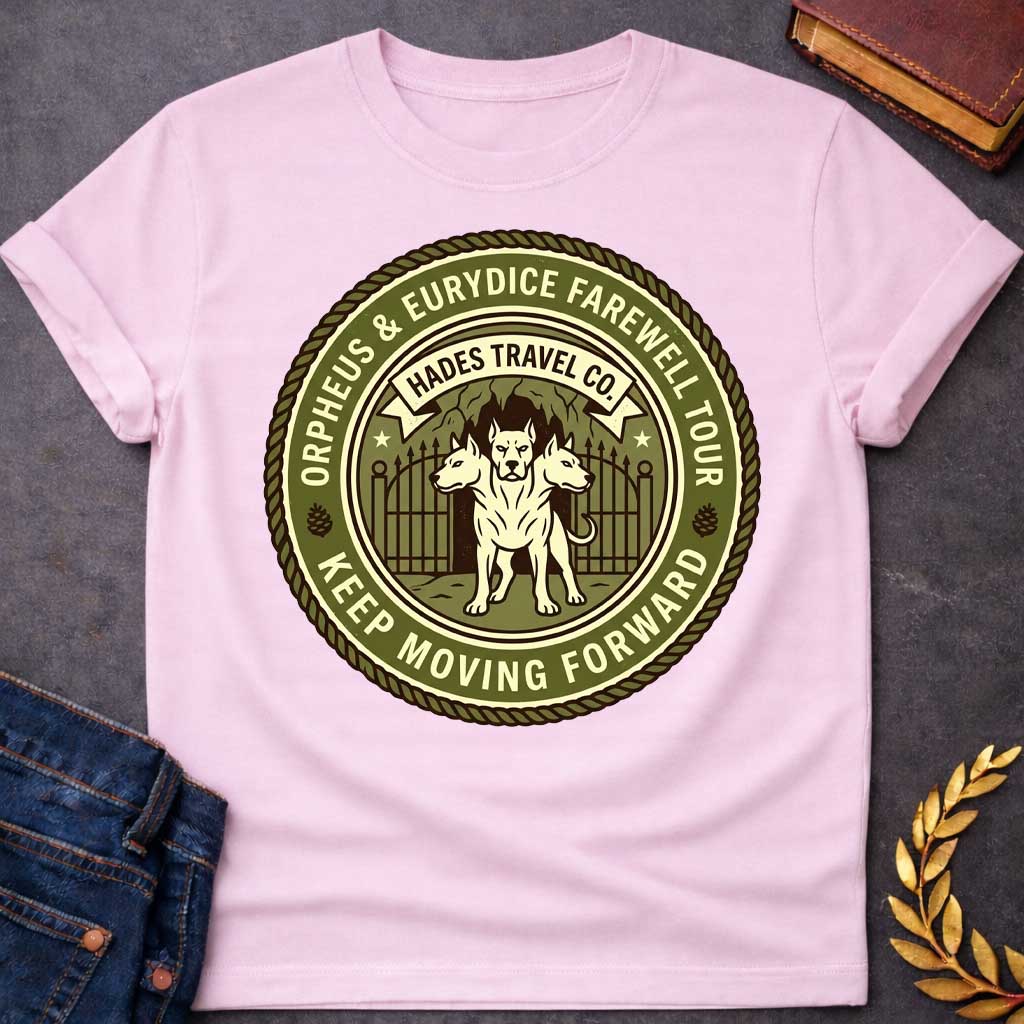 Light Pink t-shirt in vintage travel-badge style: three-headed Cerberus stands guard before an underworld cave gate. Olive green and cream circular design with rope border reads "Orpheus & Eurydice Farewell Tour" above and "Keep Moving Forward" below, with pinecone icons and stars flanking the scene.