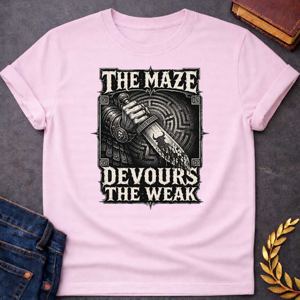 Light Pink T-shirt with A Heavy metal aesthetic featuring a muscular clenched fist gripping a bloodstained sword pointing downward through concentric circular maze patterns in the background. Black and white engraving style with ornate decorative border and Greek key patterns in corners. Text reads 'The Maze Devours The Weak' in aggressive metal lettering. Merges Greek labyrinth mythology with dark warrior imagery, celebrating brutal power and survival of the strong.