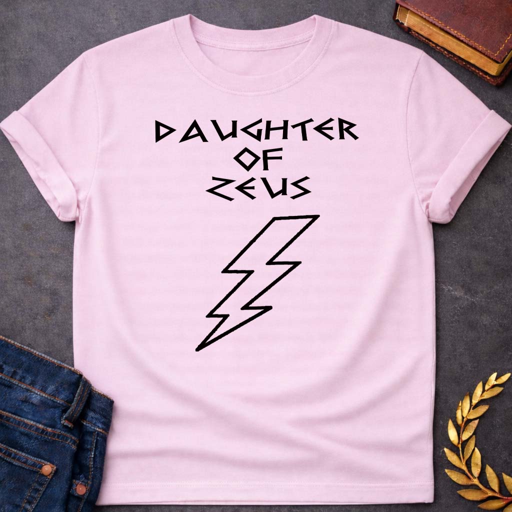 daughter of zeus unisex softstyle adult t shirt featuring lightning bolt, sky god power symbolism in bold Greek mythology design