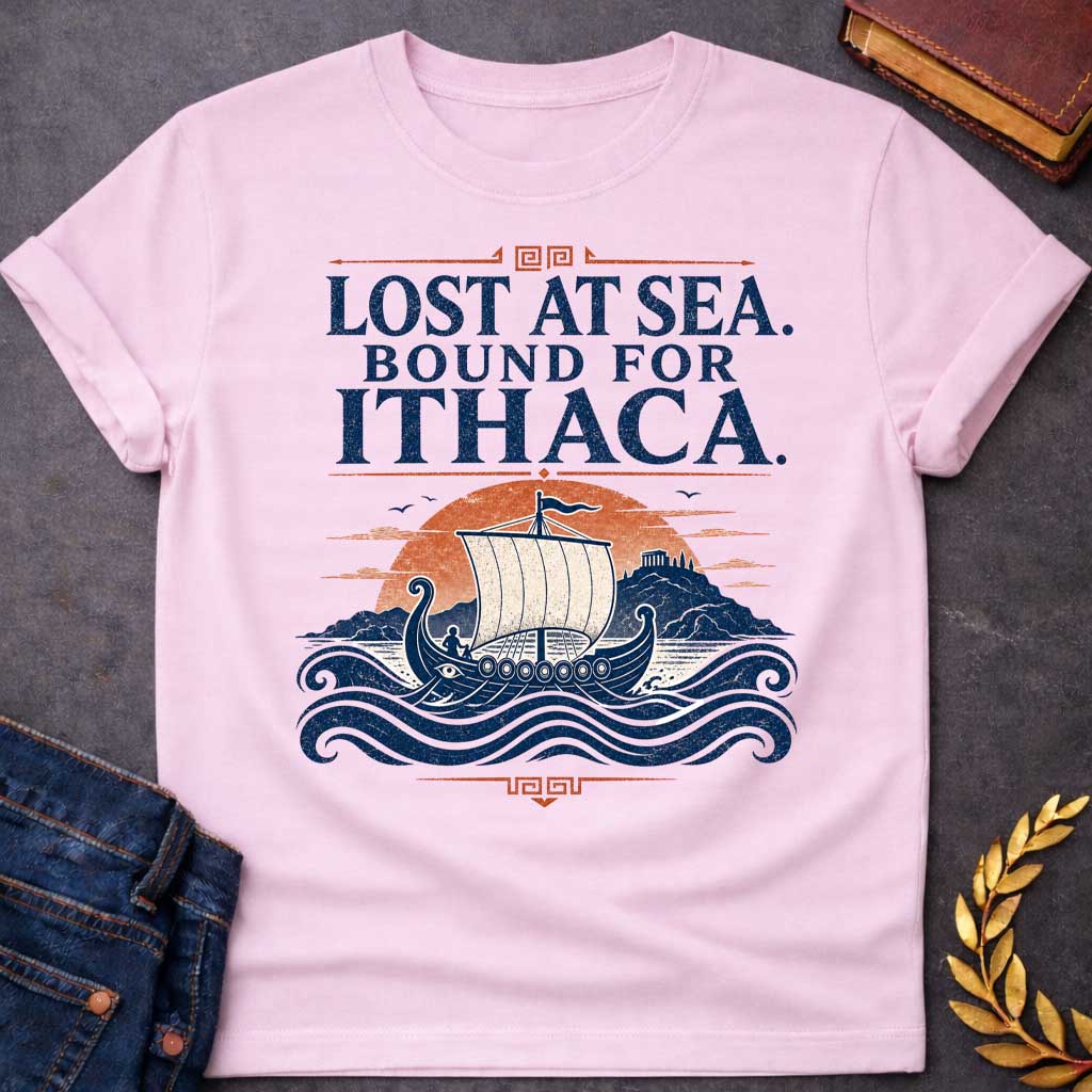 Light Pink t-shirt with a Vintage Greek mythology design featuring the phrase “Lost at Sea. Bound for Ithaca.” above an ancient Greek sailing ship crossing dark blue waves toward a distant island temple. Distressed navy, orange, and cream artwork evokes The Odyssey and Odysseus’ legendary voyage home to Ithaca.