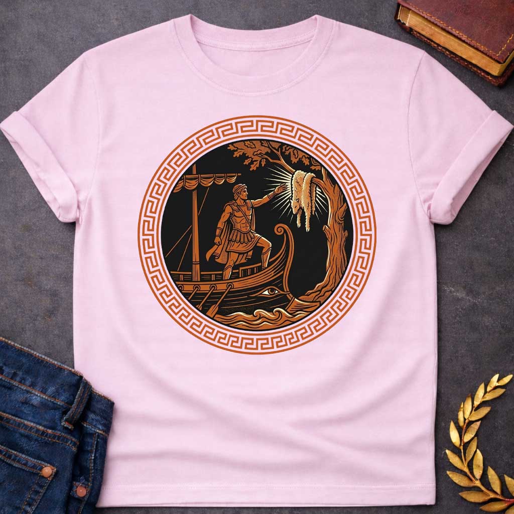 Light Pink T-shirt with An ancient Greek pottery-style emblem t-shirt design. Inside a prominent terracotta circular frame featuring a classic meander key pattern, a black-figure style illustration depicts a muscular hero standing on the prow of a wooden ship. He reaches a hand out toward the glowing Golden Fleece hanging from a nearby tree branch, rendered in a bold black, white, and terracotta palette.