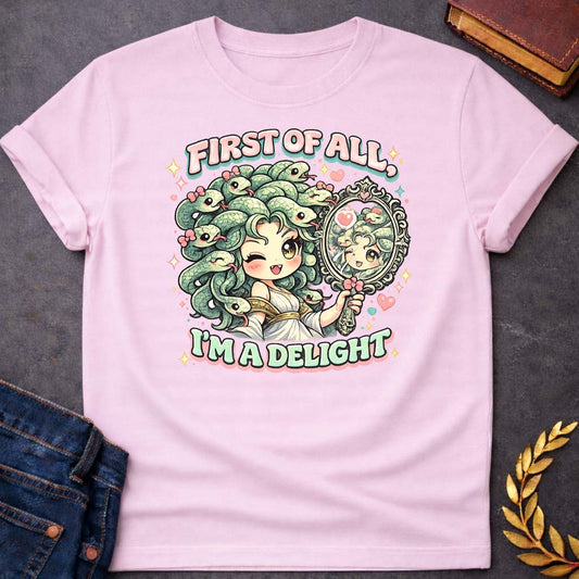 medusa first of all im a delight kawaii style greek mythology youth shirt featuring detailed Greek mythology artwork, symbolic design, and bold graphic style