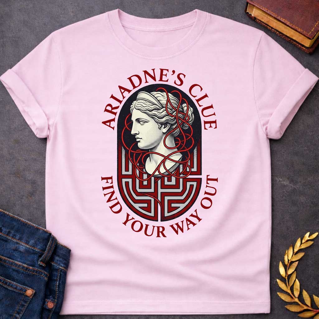 Light Pink T-shirt with A Classical portrait of Ariadne rendered in cream and red showing her in profile with wavy hair. Red thread winds decoratively around her head and neck, referencing her legendary ball of thread that guided Theseus through the labyrinth. A Greek key maze pattern in red and gray forms the base below her portrait. Text reads 'Ariadne's Clue' above and 'Find Your Way Out' below. Celebrates the mythological heroine's wisdom and the power of guidance through impossible challenges