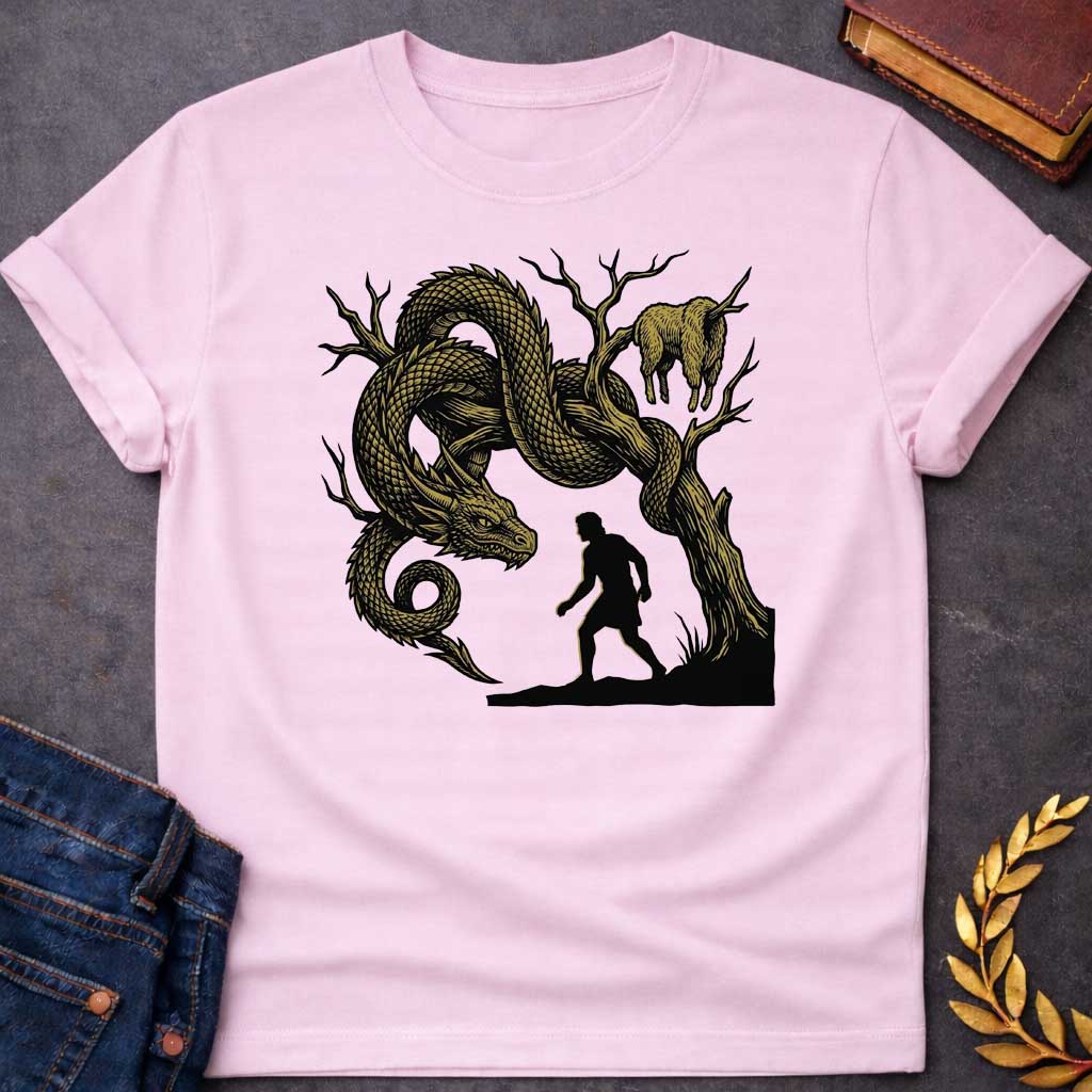 Light Pink T-shirt with A dramatic woodcut-style t-shirt design. In a high-contrast black and gold aesthetic, the black silhouette of a Greek warrior approaches a gnarled, leafless tree. Coiled tightly around the branches is a massive, detailed golden dragon with sharp scales, staring down closely at the hero. Hanging from a branch high in the tree is the golden fleece of a ram.
