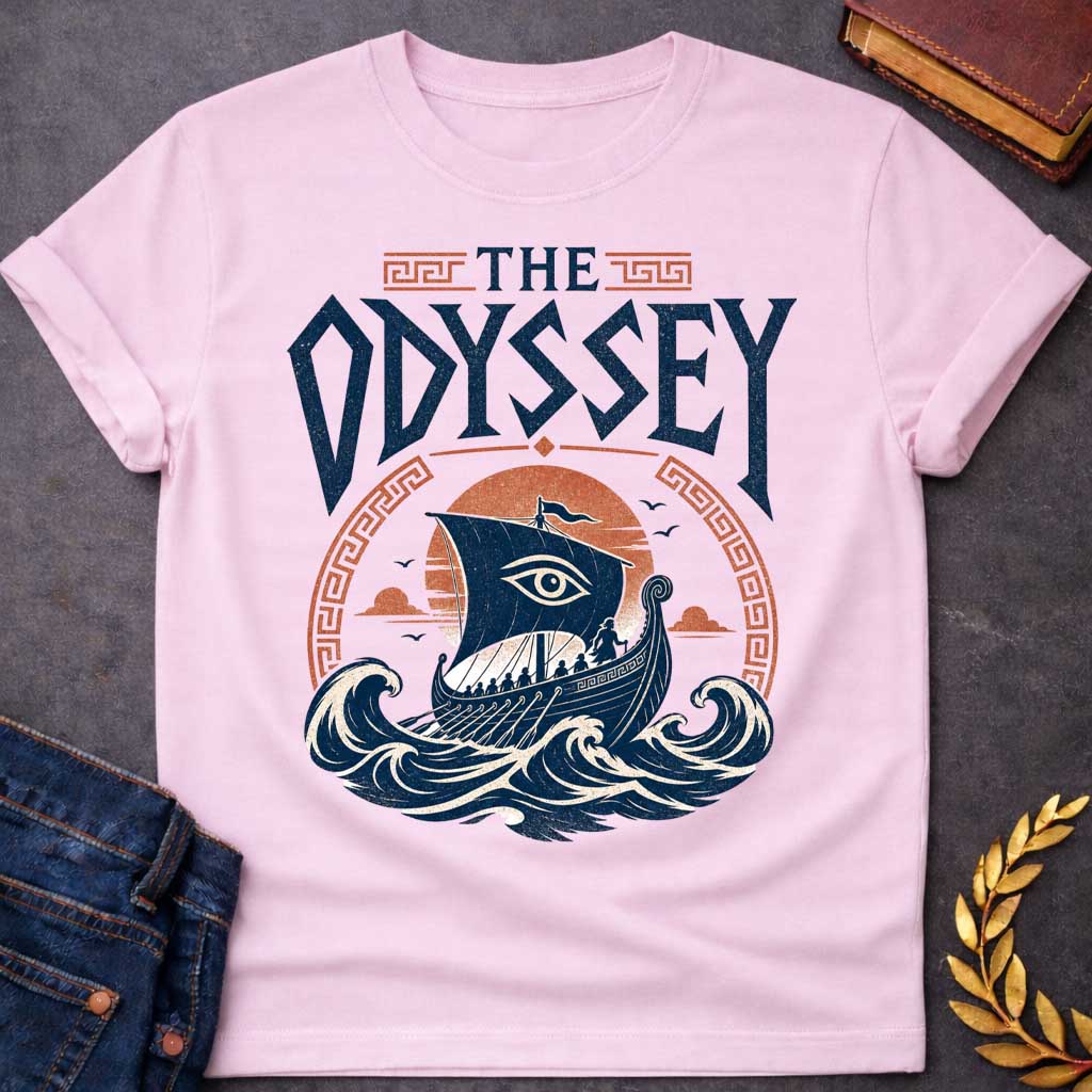 Light Pink t-shirt with a Vintage Greek mythology design inspired by The Odyssey, featuring Odysseus and his crew sailing an ancient Greek ship across powerful ocean waves. A watchful eye decorates the sail, framed by a setting sun and Greek key motifs. Bold distressed lettering reads "The Odyssey," capturing the legendary voyage, adventure, and trials of Odysseus.