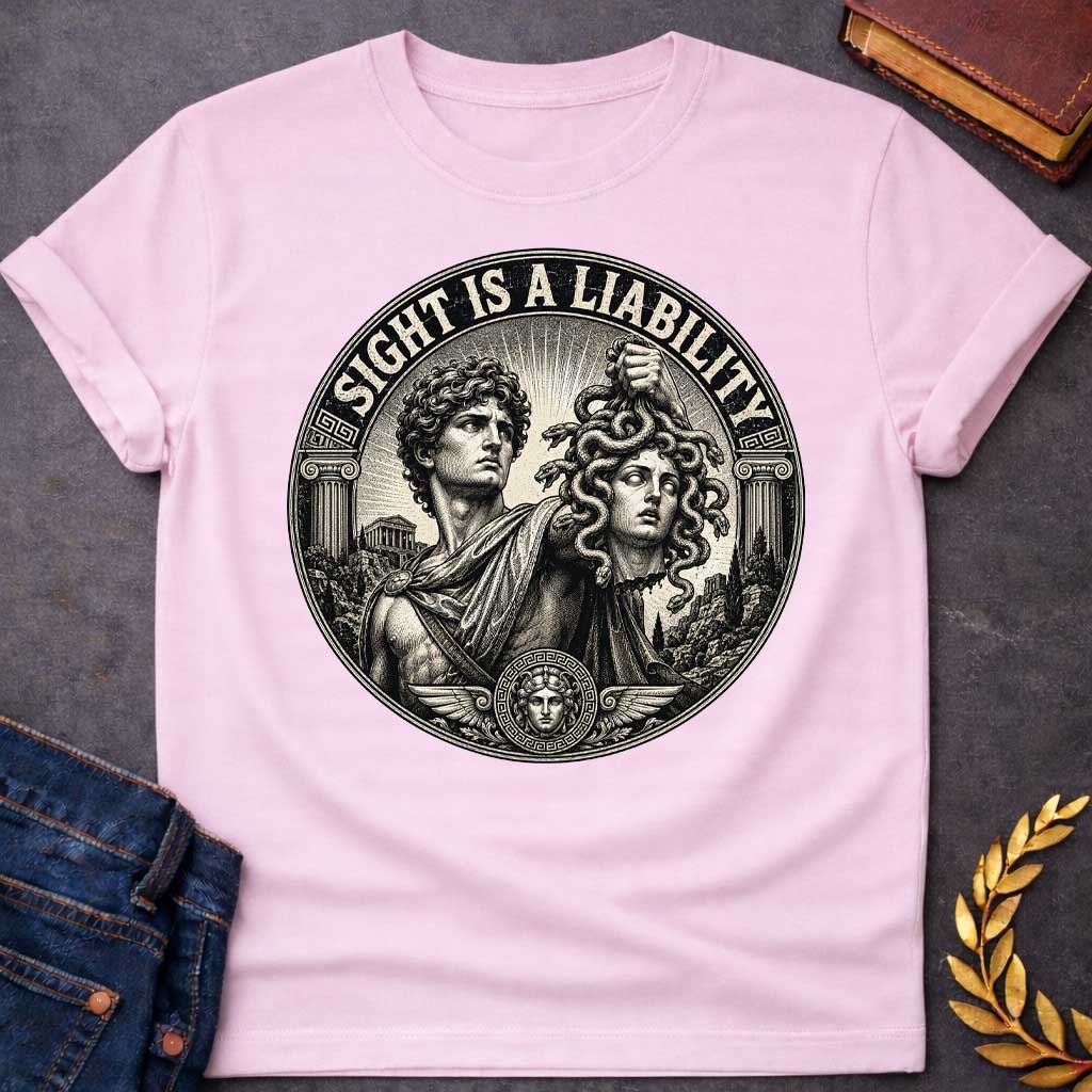 Light Pink t-shirt in etched engraving style: Perseus, curly-haired and draped in robes, holds Medusa's severed snake-haired head aloft against radiating sunburst rays. Ionic columns, ancient temples, and a small Medusa medallion with wings frame the circular black-and-cream design. Bold arched text reads the title above.