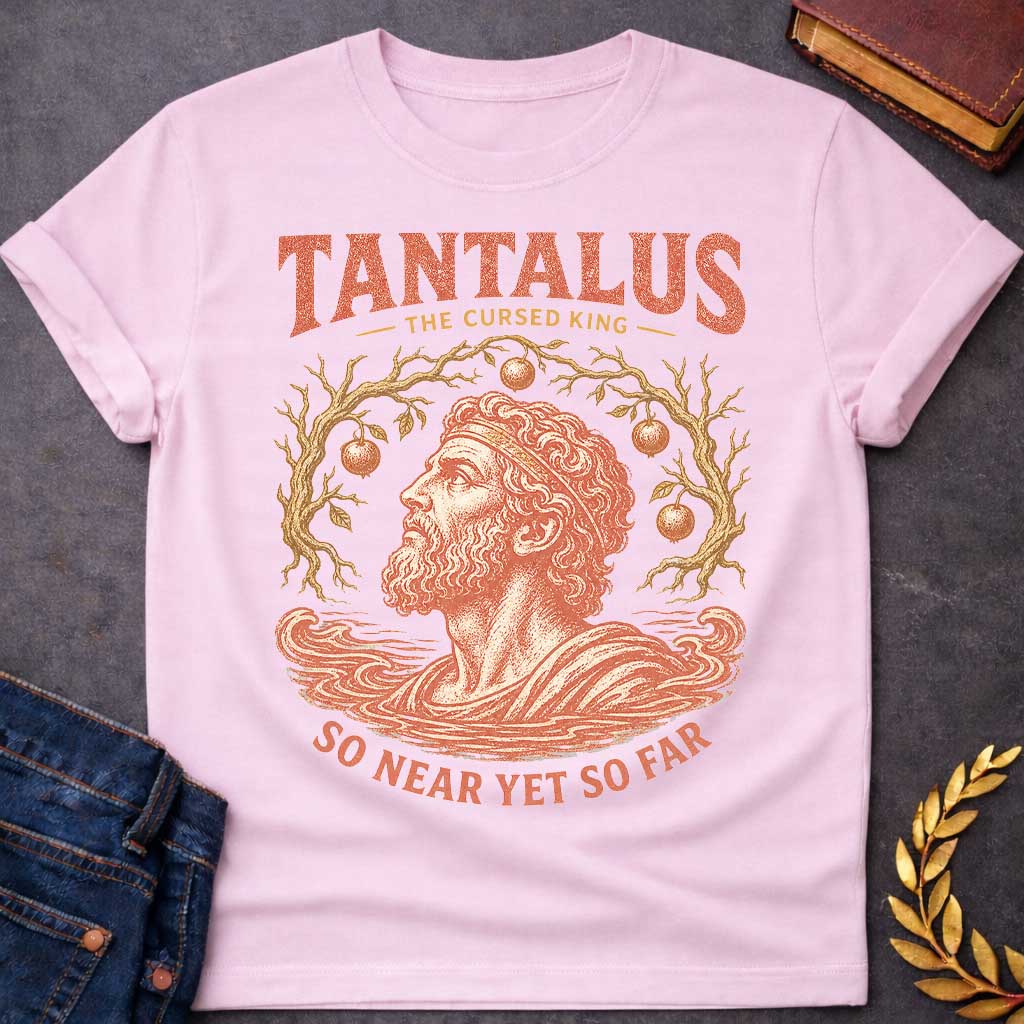 Light Pink t-shirt with a Vintage Tantalus Greek mythology design featuring the cursed king surrounded by unreachable fruit trees and rising water. Distressed terracotta and gold artwork includes the text “Tantalus,” “The Cursed King,” and “So Near Yet So Far,” representing his eternal punishment of endless hunger, thirst, and temptation.
