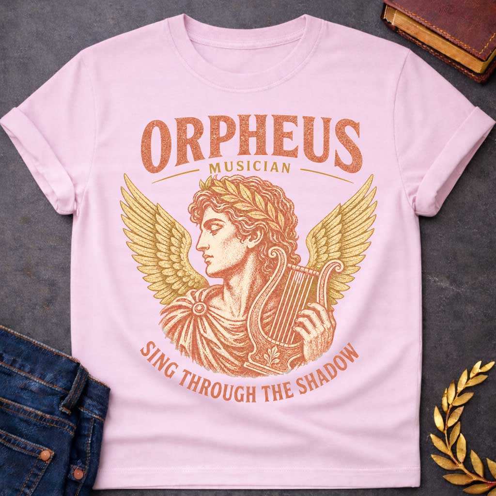 Light Pink t-shirt with a Vintage Orpheus Greek mythology  design featuring the legendary musician in profile wearing a laurel crown and holding a classical lyre, framed by golden wings. Distressed terracotta and gold artwork includes the text “Orpheus,” “Musician,” and “Sing Through the Shadow,” inspired by the tragic myth of Orpheus and Eurydice.