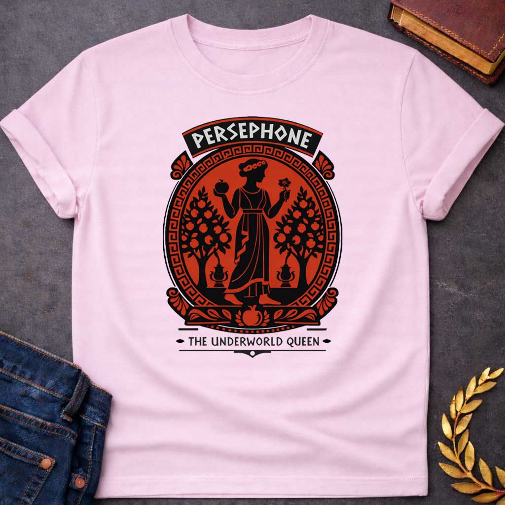 persephone the underworld queen greek mythology youth shirt featuring pomegranate, underworld queen symbolism in dark floral mythology design