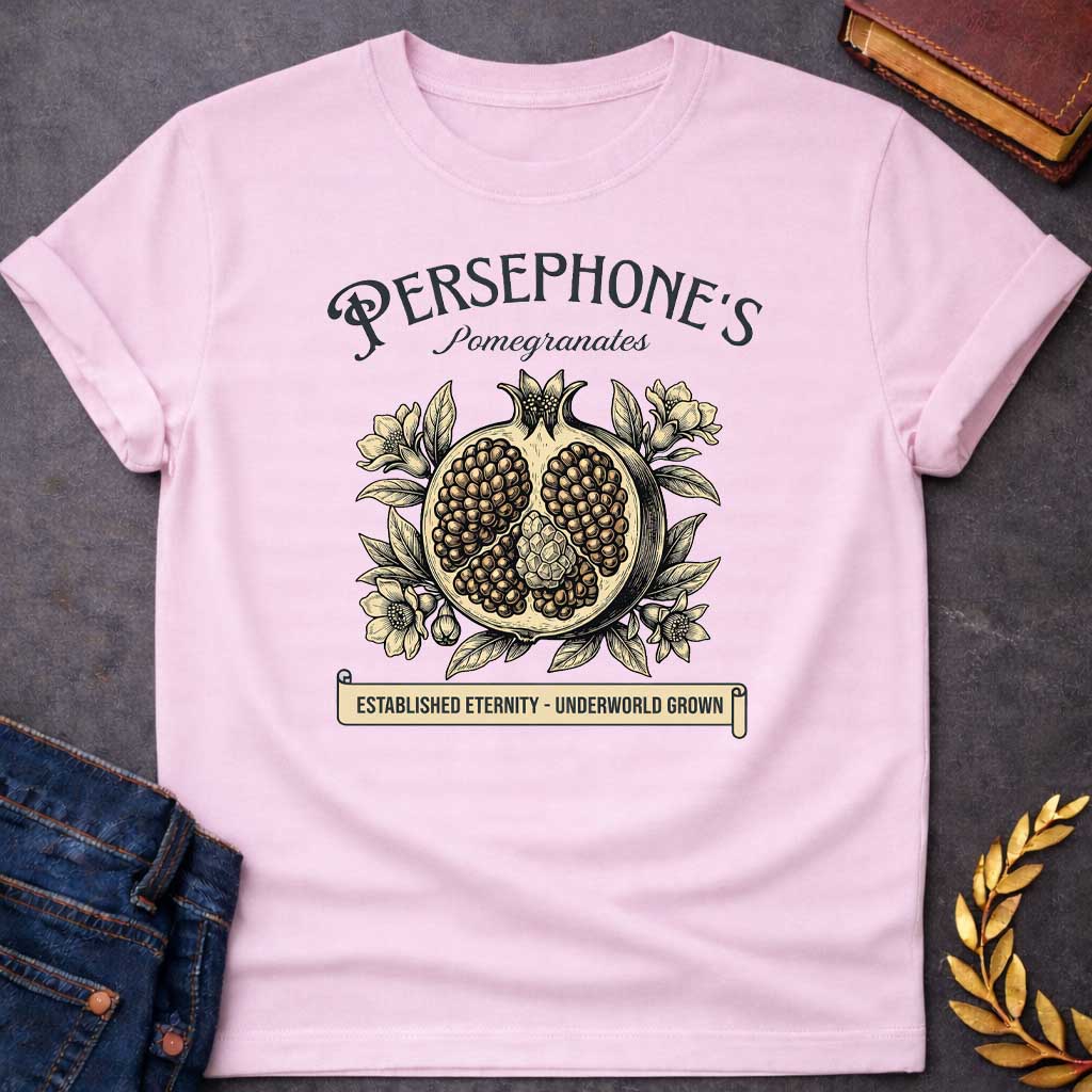 persephone pomegranates greek mythology youth shirt featuring pomegranate, underworld queen symbolism in dark floral mythology design